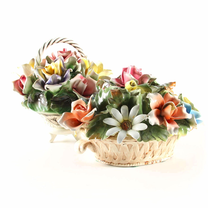 Capodimonte Porcelain Floral Arrangement Basket Figurines