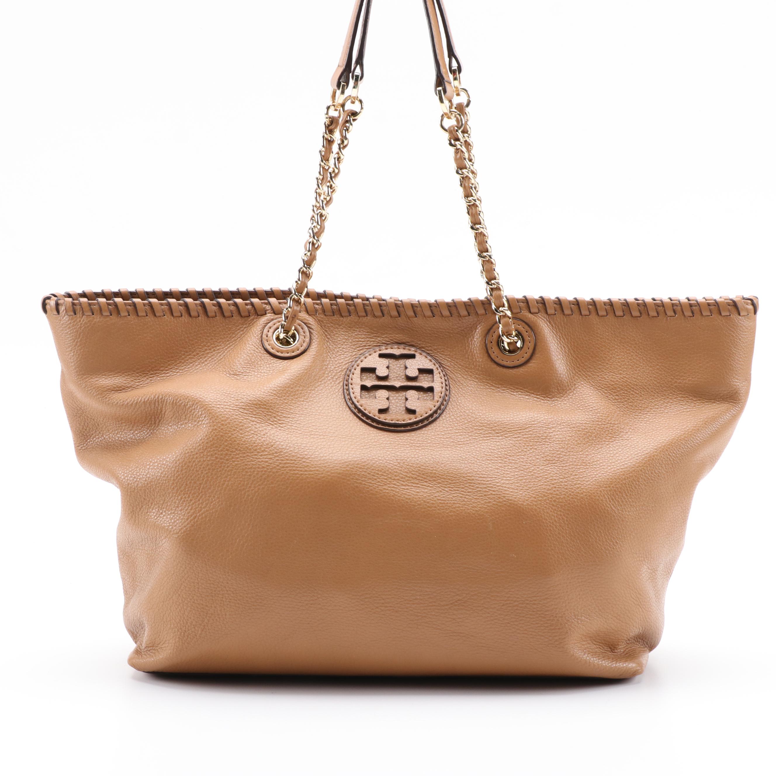 Tory Burch Whipstitch Logo Tote in Light Brown Grained Leather