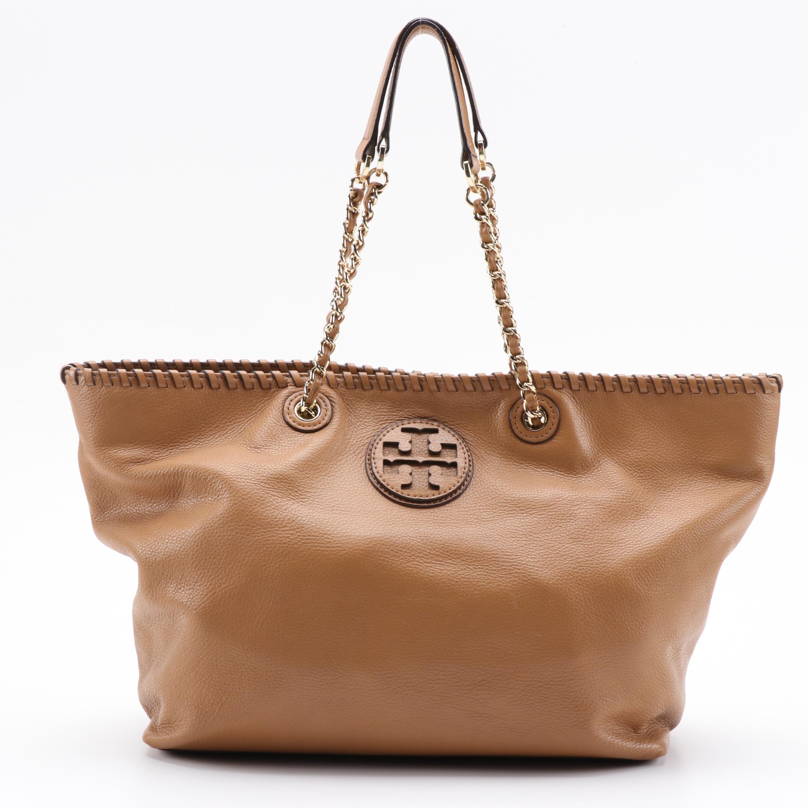 Tory Burch Whipstitch Logo Tote in Light Brown Grained Leather