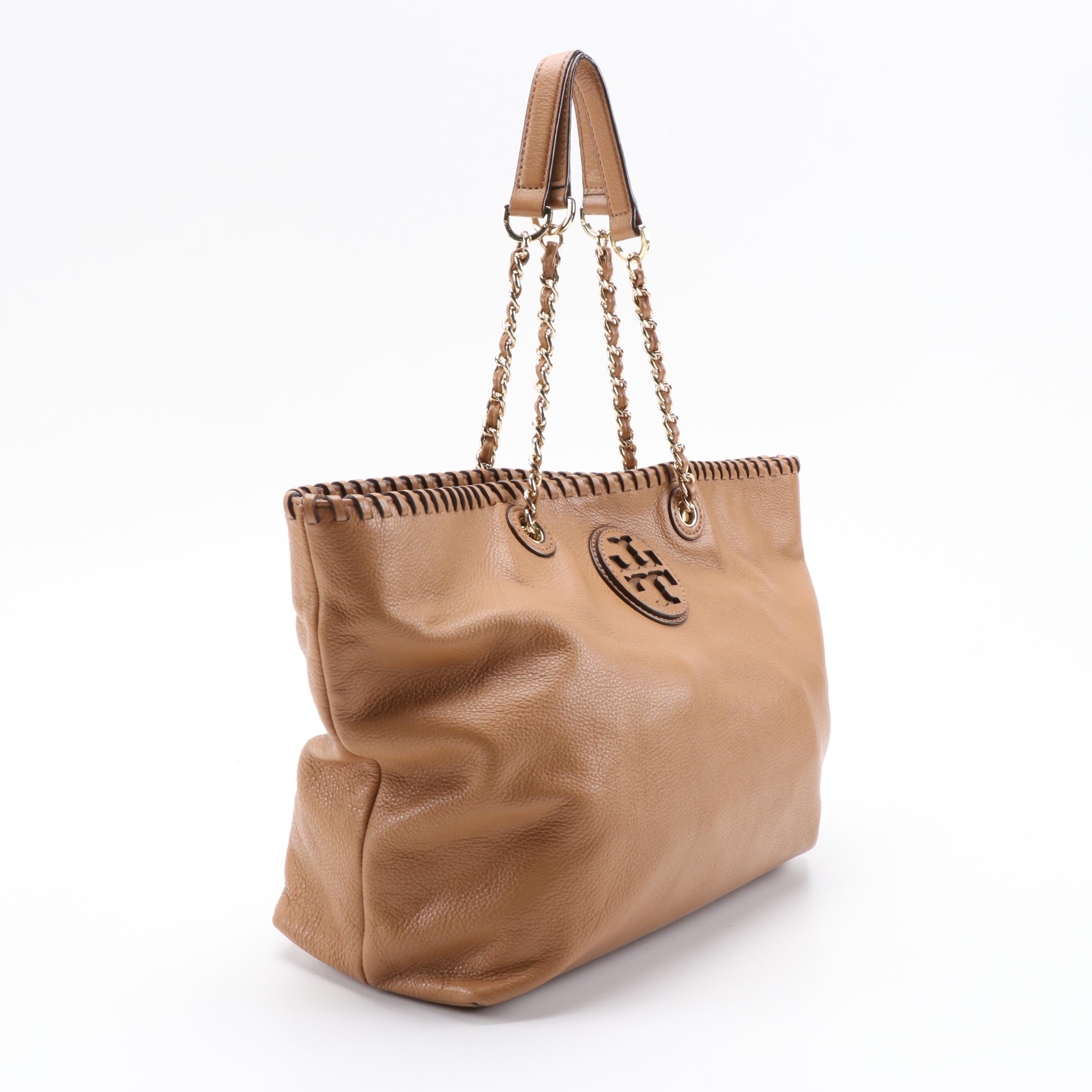 Tory Burch Whipstitch Logo Tote in Light Brown Grained Leather
