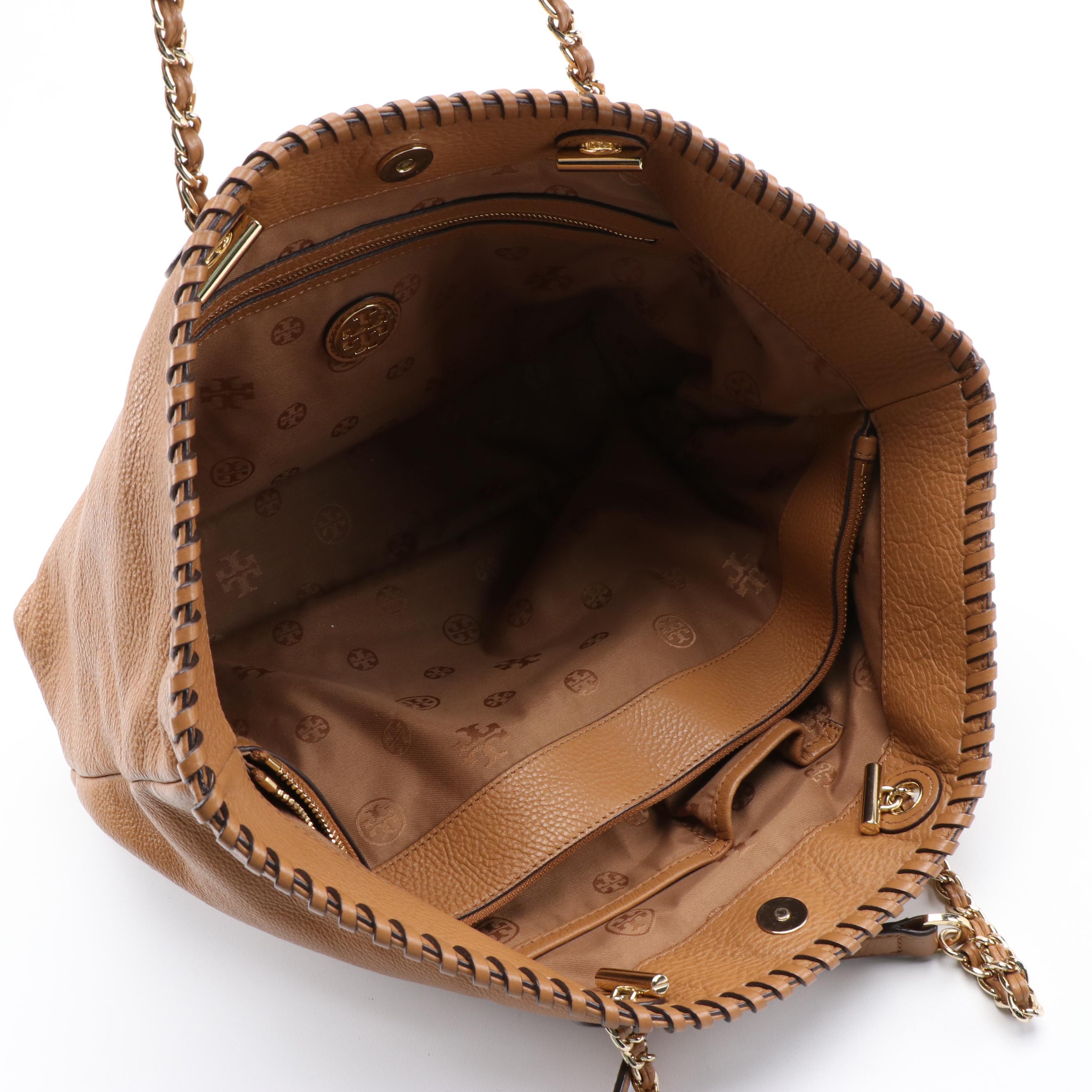 Tory Burch Whipstitch Logo Tote in Light Brown Grained Leather