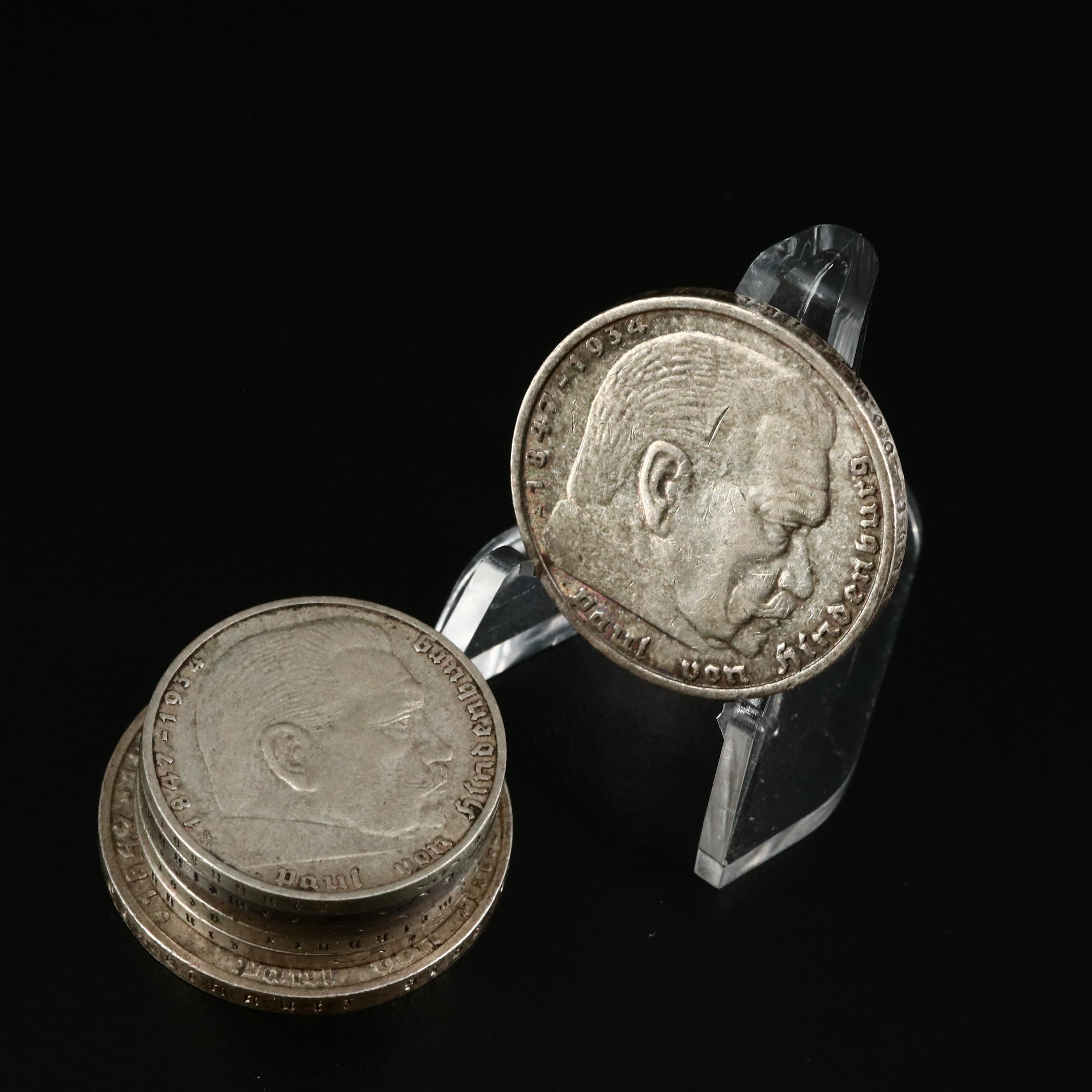 Eight German Paul Von Hindenburg 5-Mark and 2-Mark Silver Coins, 1935-1938