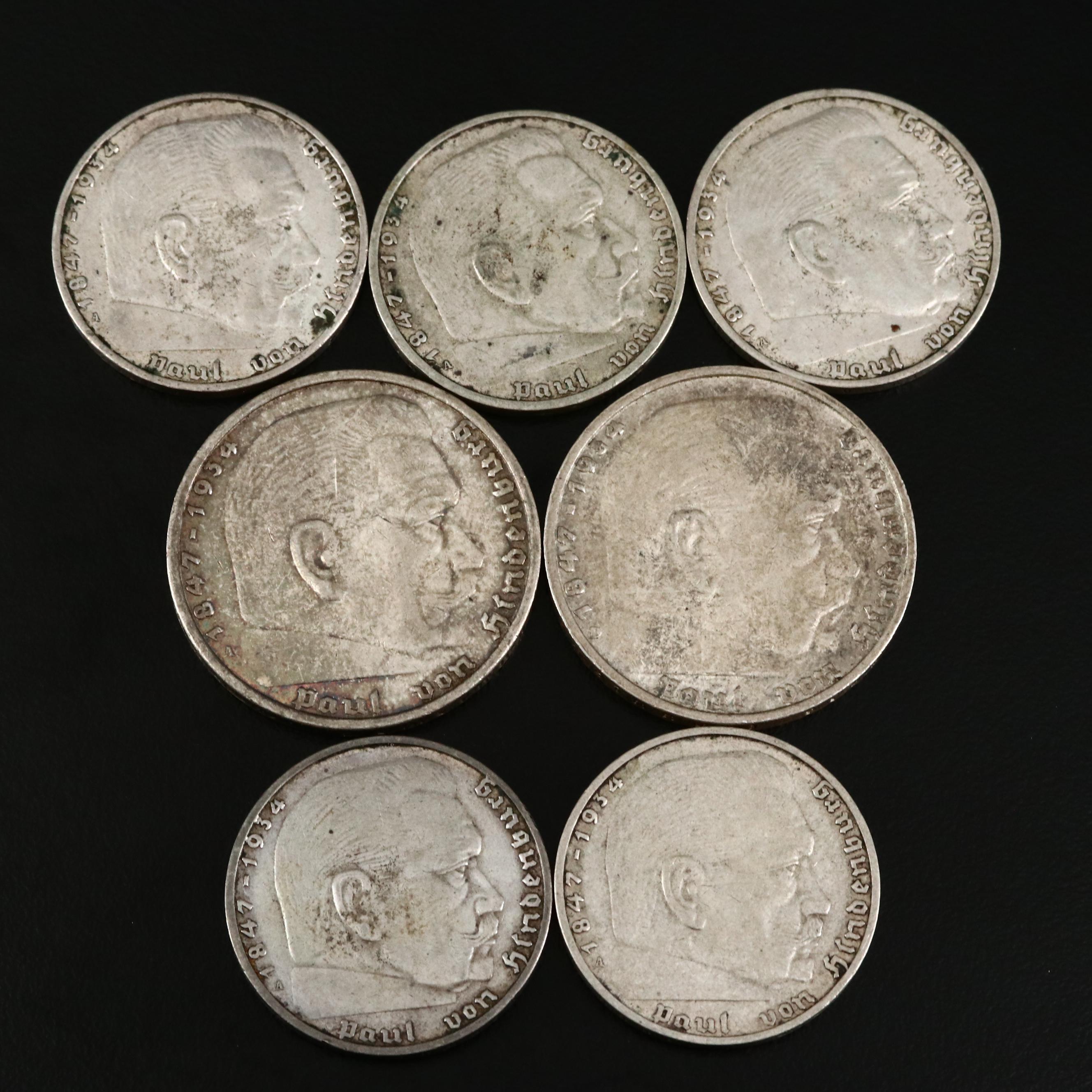 Eight German Paul Von Hindenburg 5-Mark and 2-Mark Silver Coins, 1935-1938