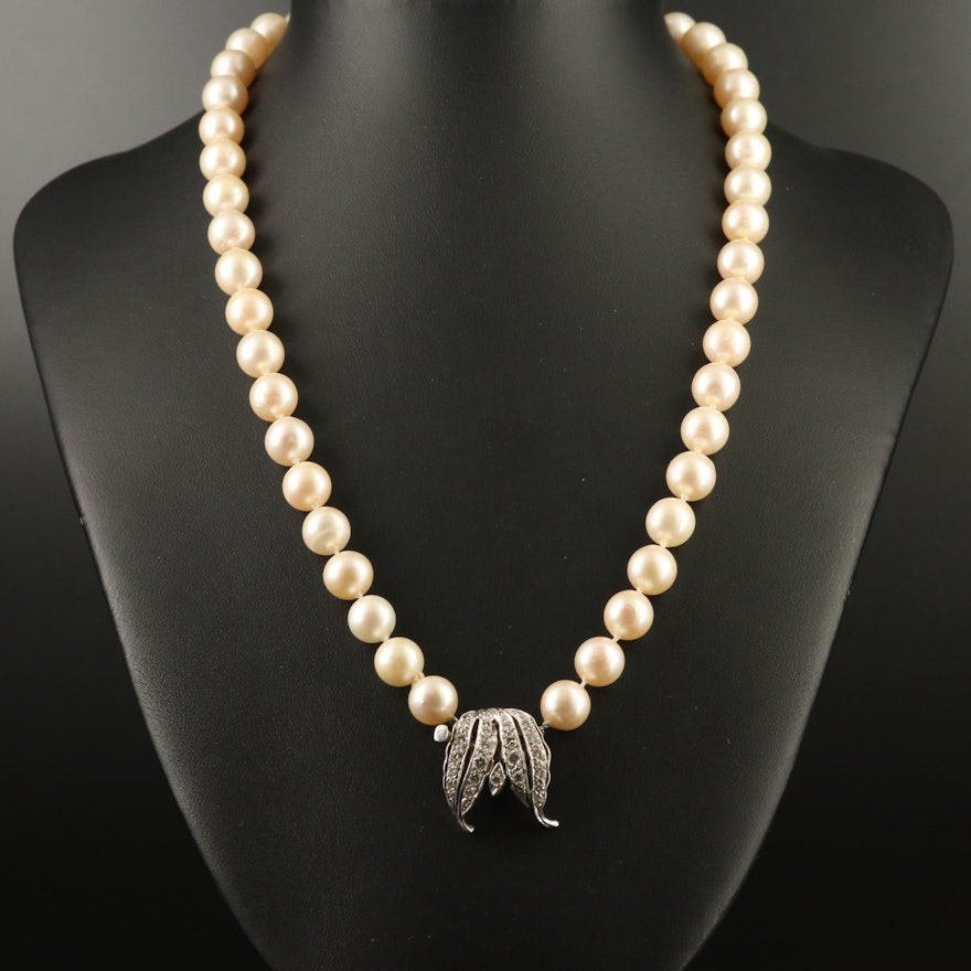 Vintage Pearl Necklace with 14K Diamond Clasp