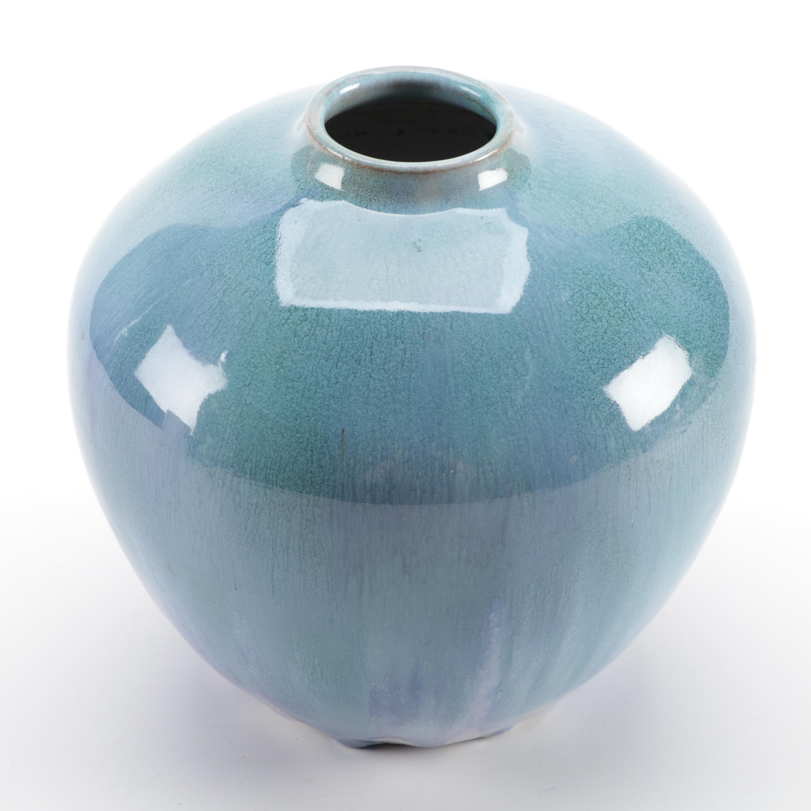 Samuel Saunders Isle of Wight Pottery Blue Drip Glaze Vase, Early to Mid 20th C.