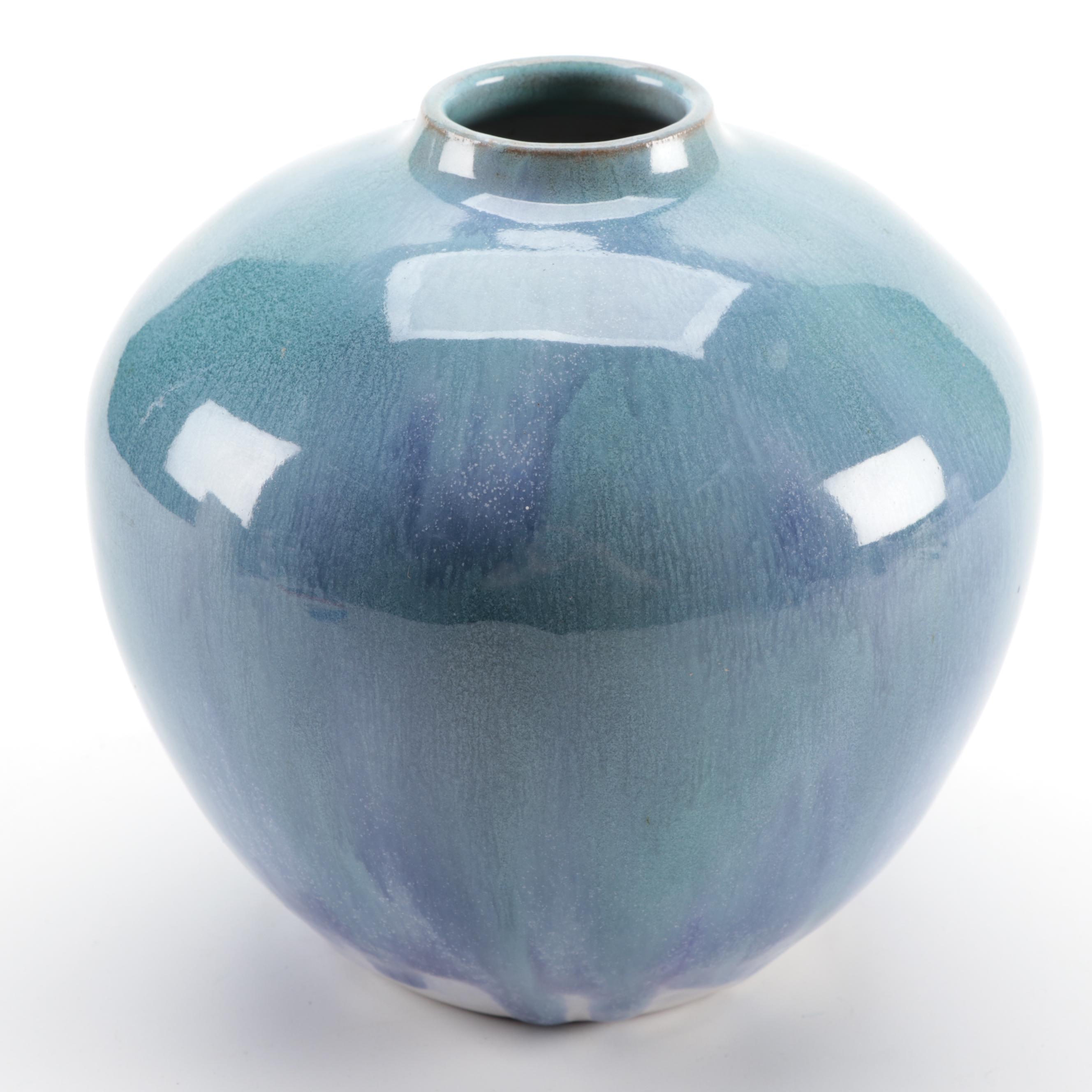 Samuel Saunders Isle of Wight Pottery Blue Drip Glaze Vase, Early to Mid 20th C.