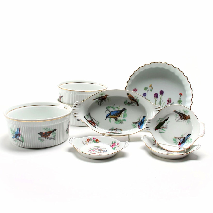 Lourioux Porcelain Bakeware Including Bird and Floral Motifs, Mid-Late 20th C.