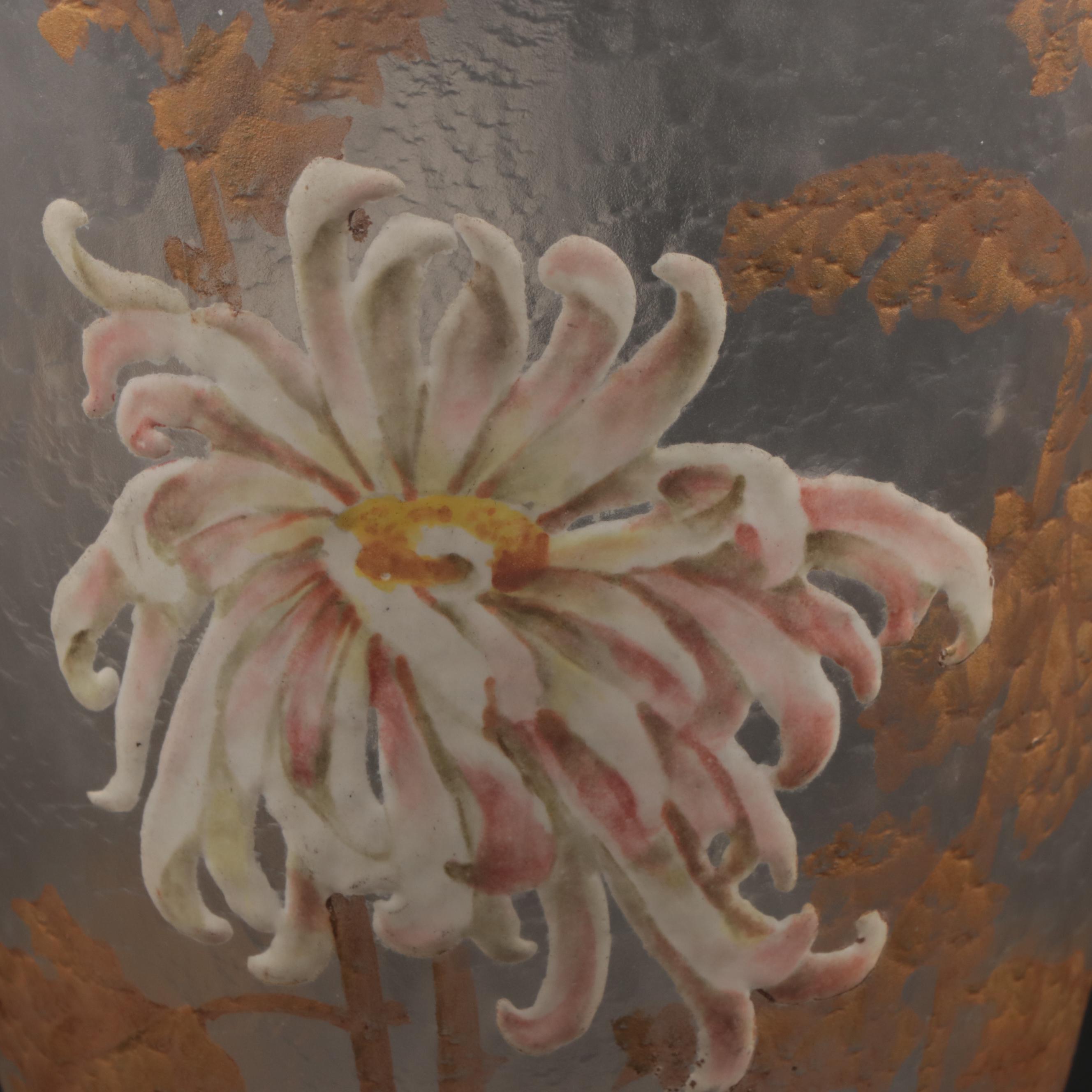 French Art Nouveau Enameled Frosted Glass Vase, Early 20th Century