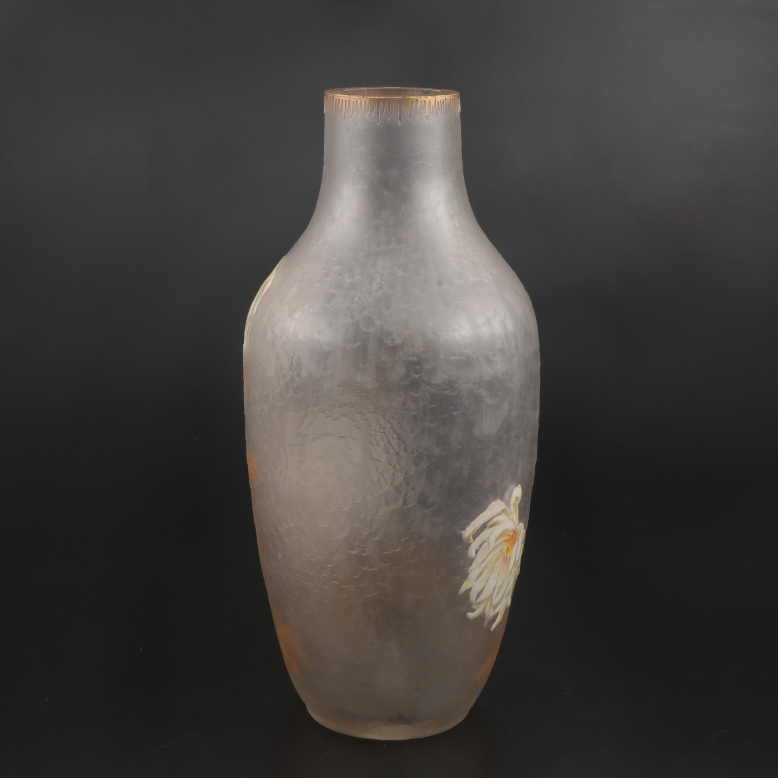 French Art Nouveau Enameled Frosted Glass Vase, Early 20th Century