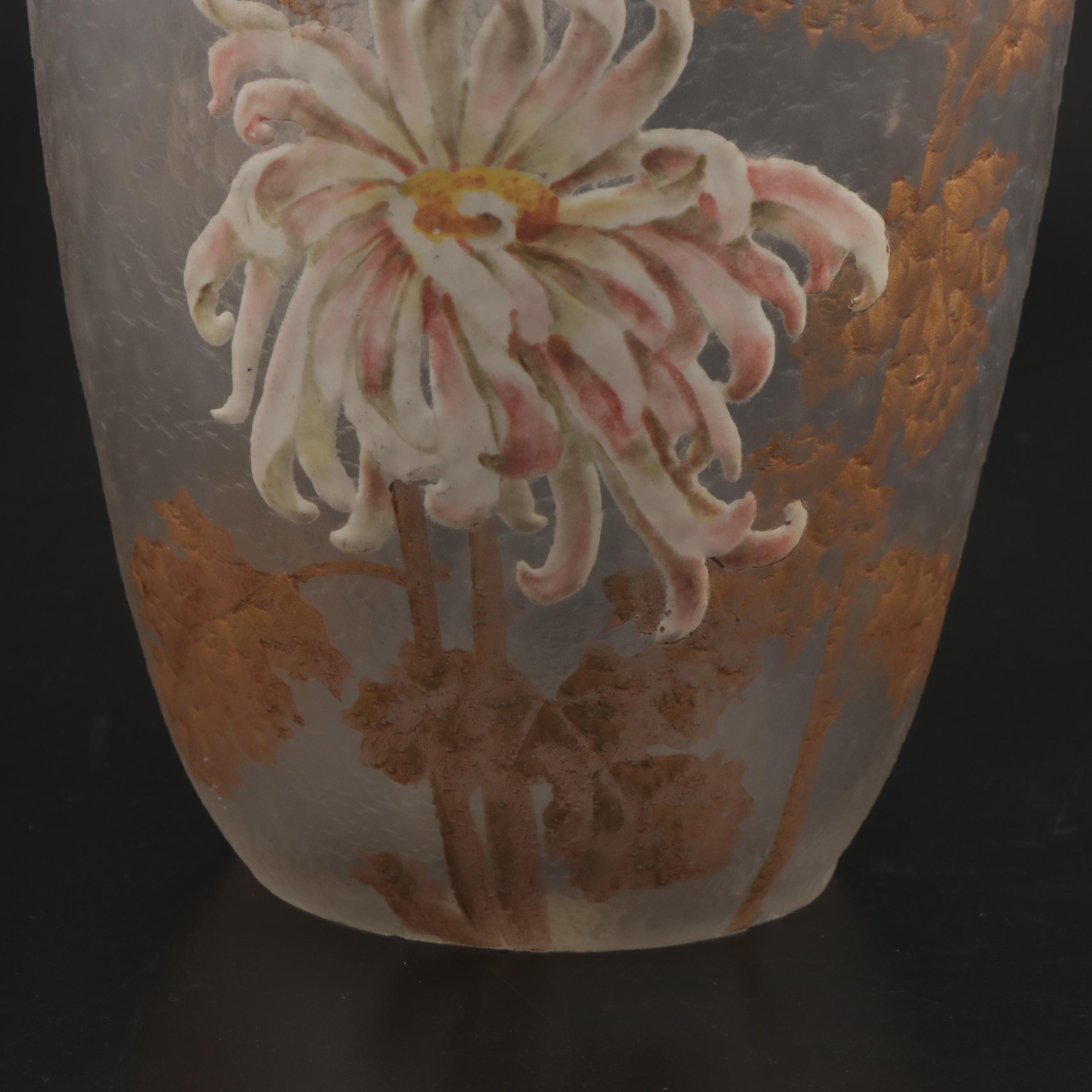 French Art Nouveau Enameled Frosted Glass Vase, Early 20th Century