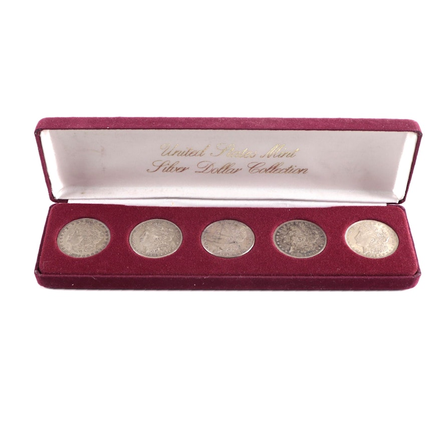 Five Morgan Silver Dollars with Case, Late 19th/Early 20th Century