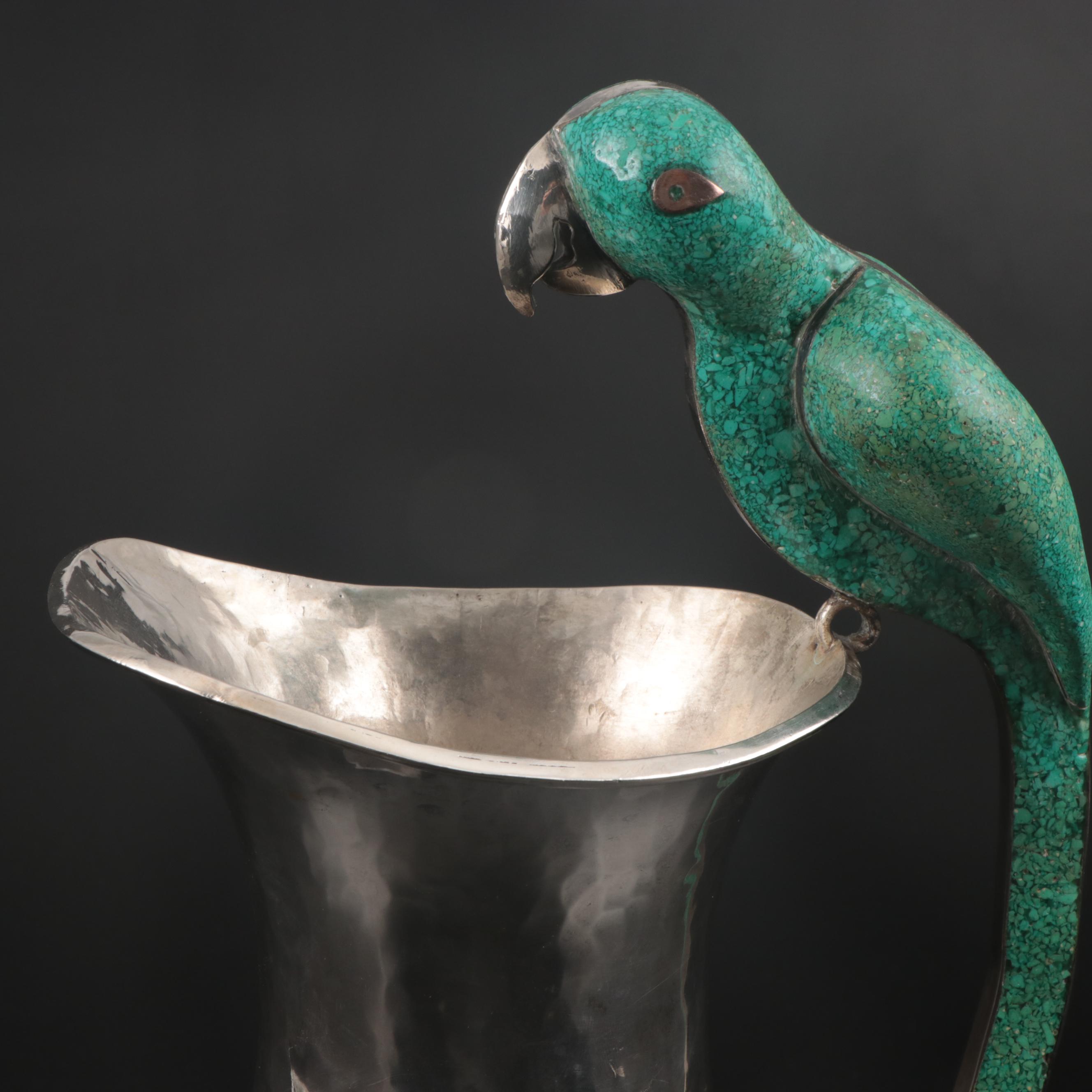 Taxco Silver Plate Pitcher with Chipped Turquoise Parrot Handle