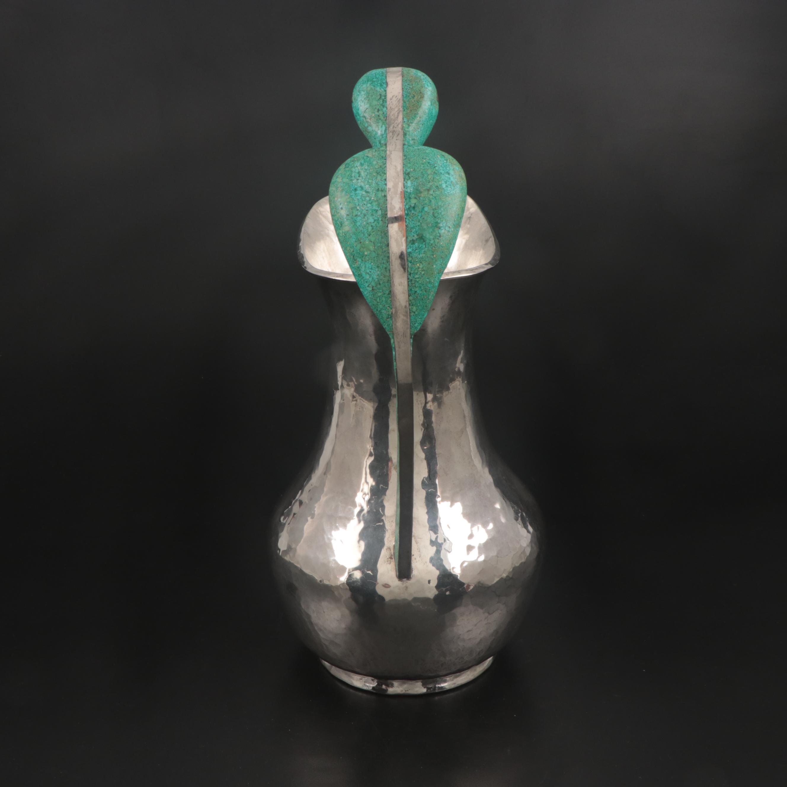 Taxco Silver Plate Pitcher with Chipped Turquoise Parrot Handle