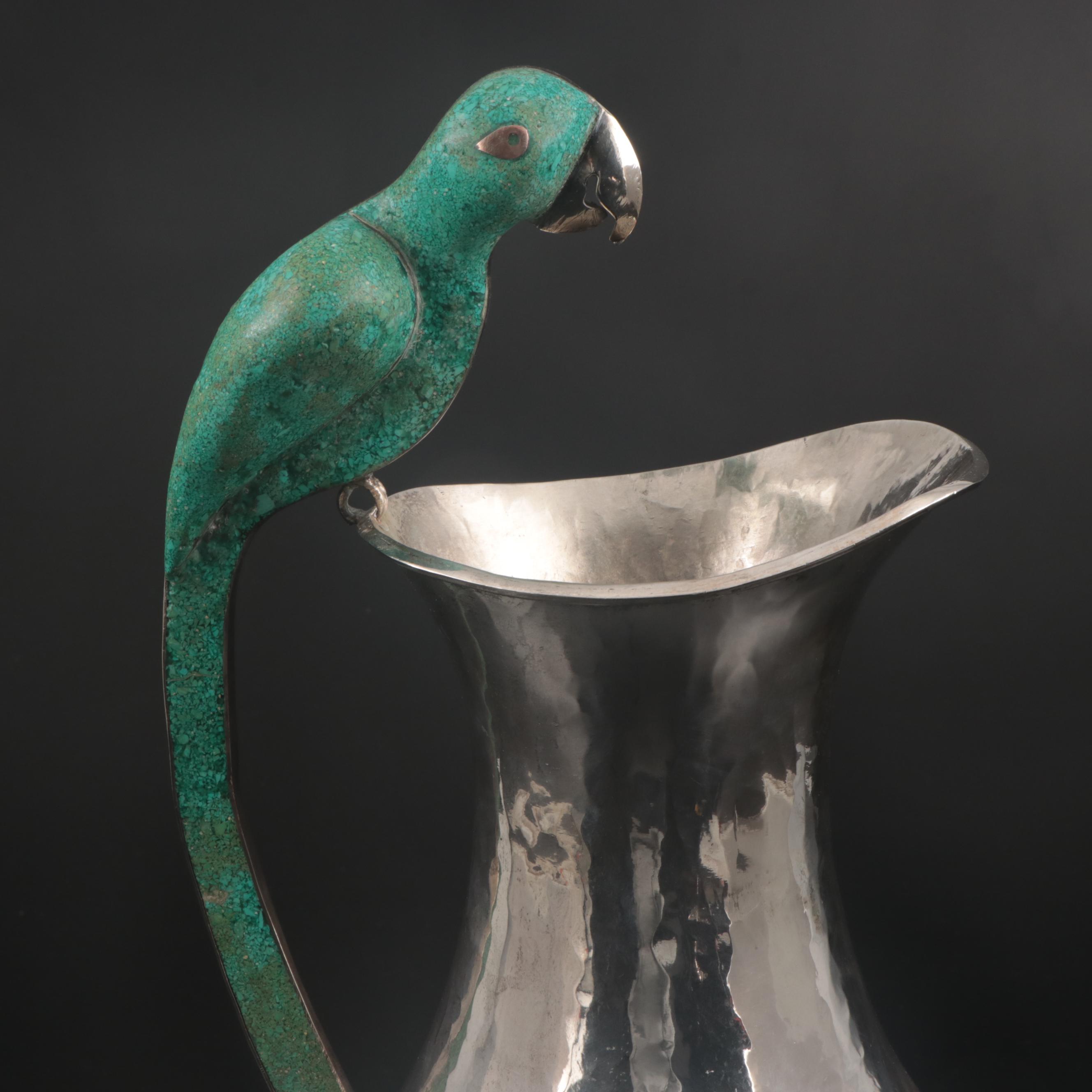 Taxco Silver Plate Pitcher with Chipped Turquoise Parrot Handle