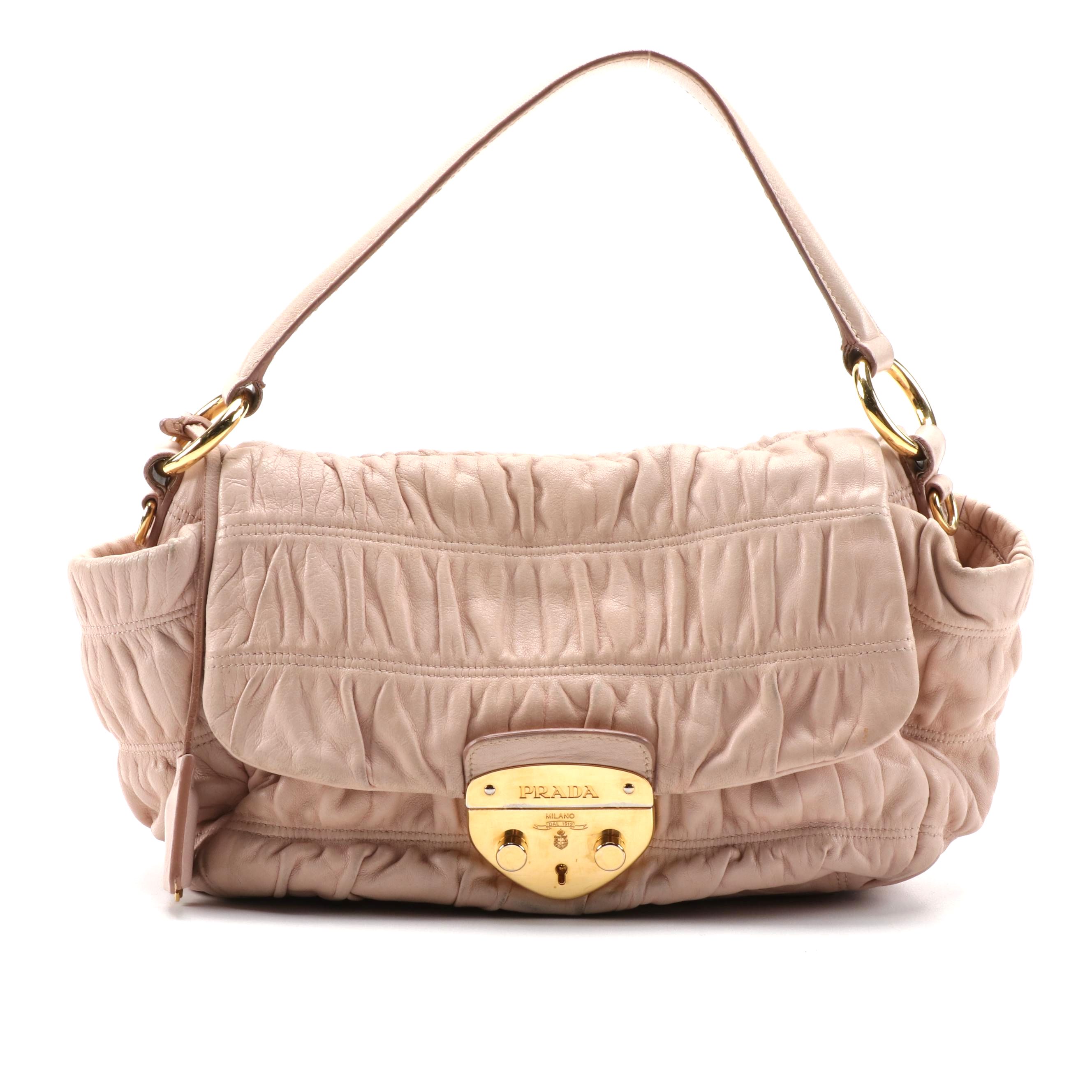 Prada Gaufre Ruched Leather Front Flap Two-Way Shoulder Bag in Pale Blush Pink