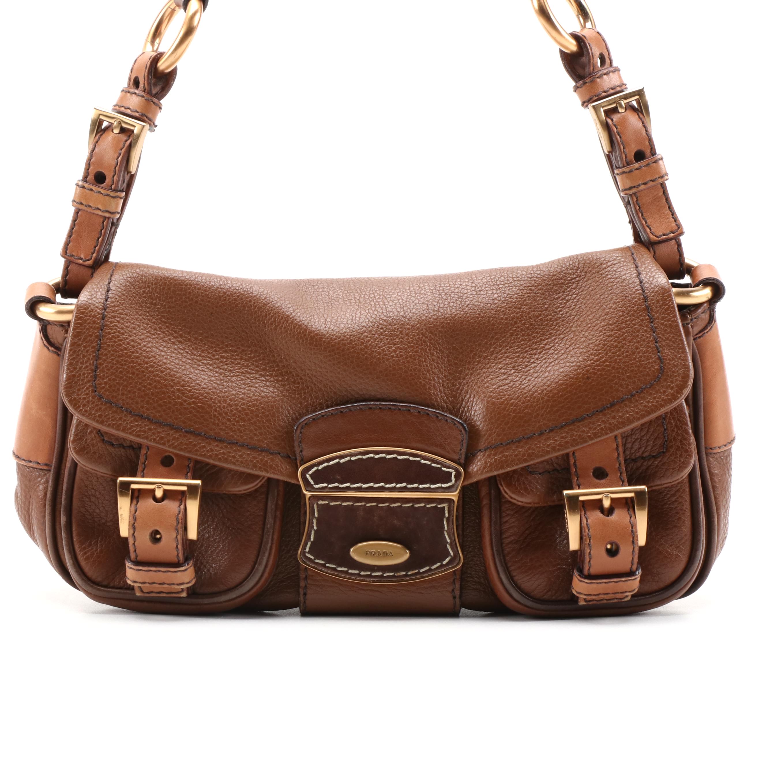 Prada Tri-Tonal Brown Leather Buckle Strap Baguette