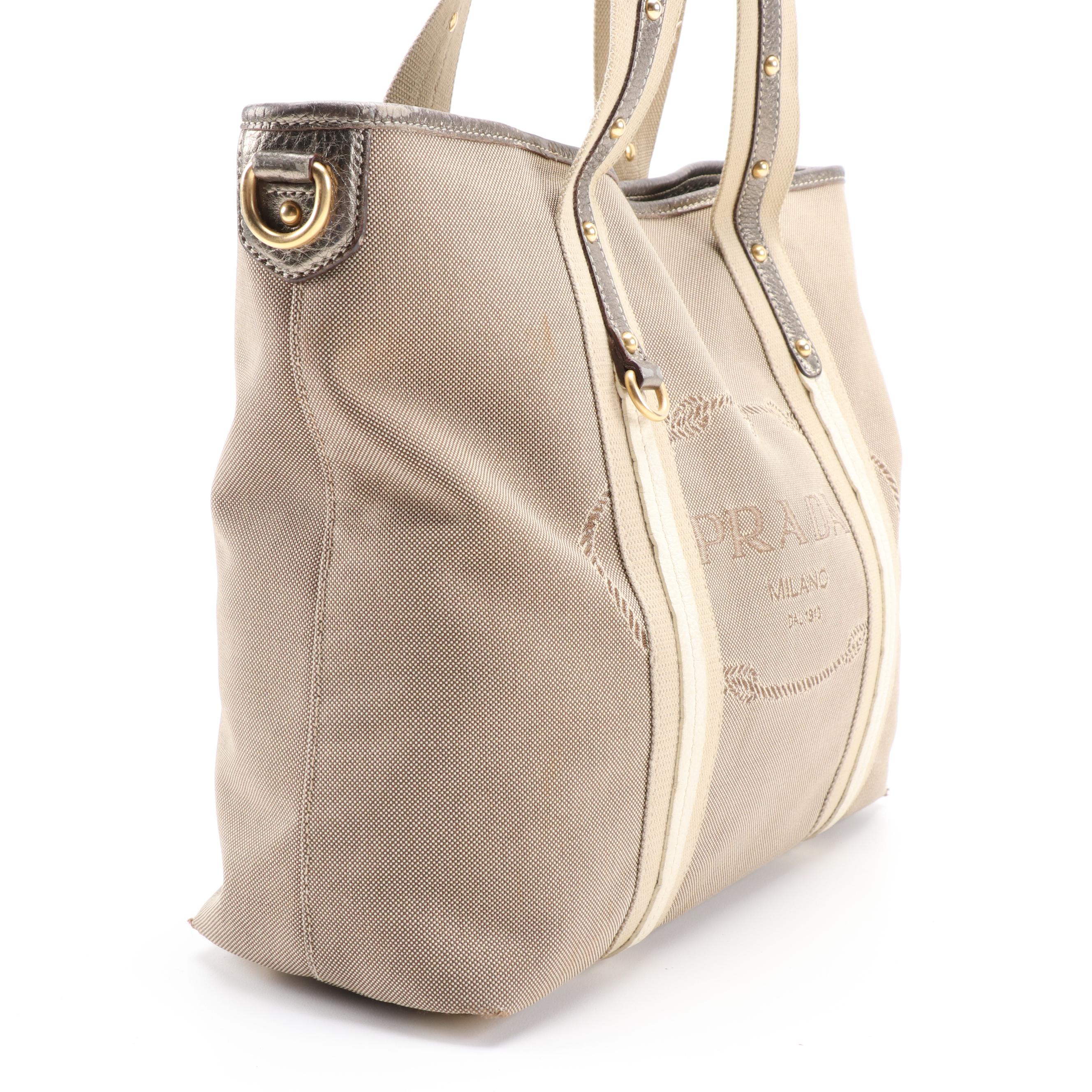 Prada Canapa Canvas Tote in Khaki with Leather Trim