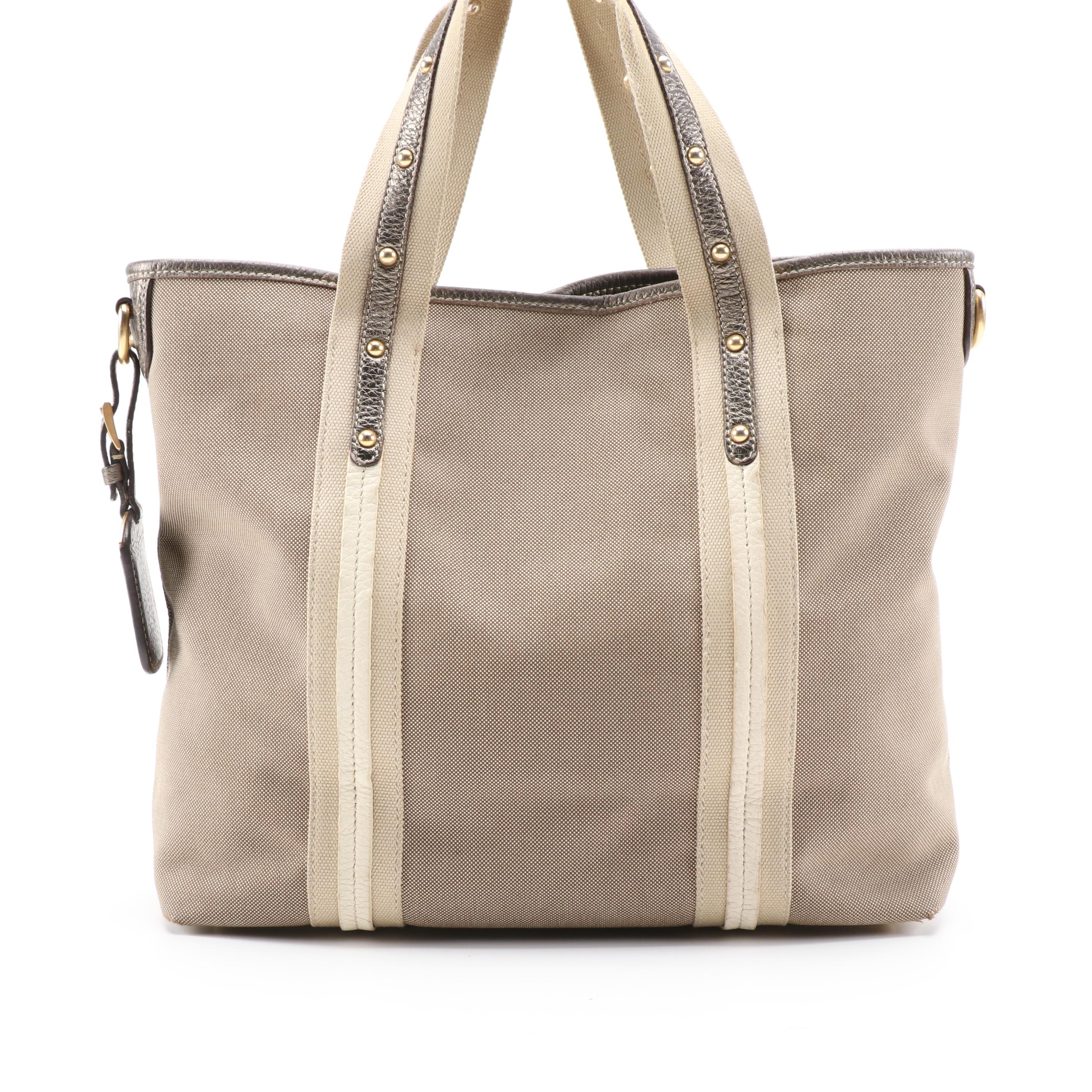 Prada Canapa Canvas Tote in Khaki with Leather Trim