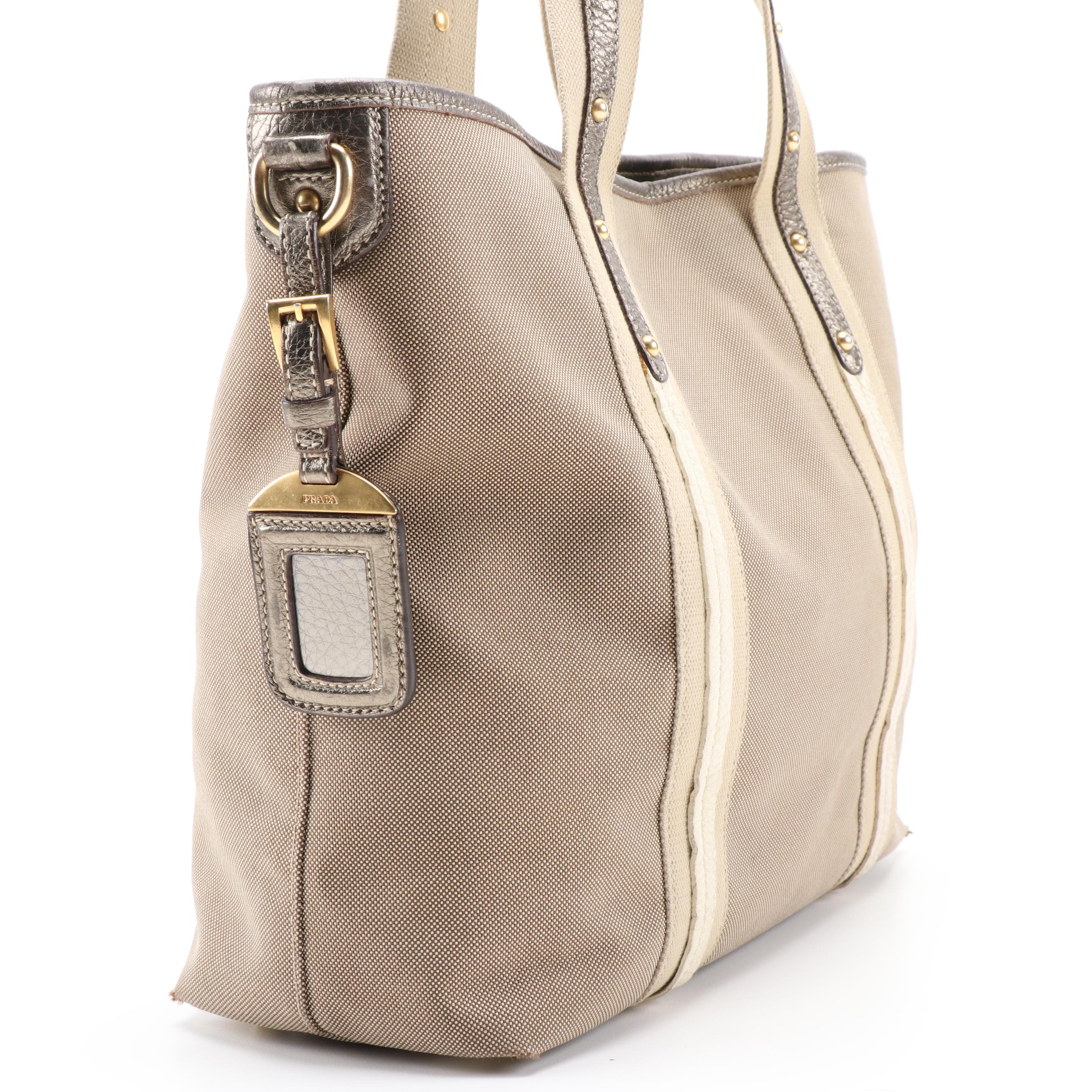 Prada Canapa Canvas Tote in Khaki with Leather Trim