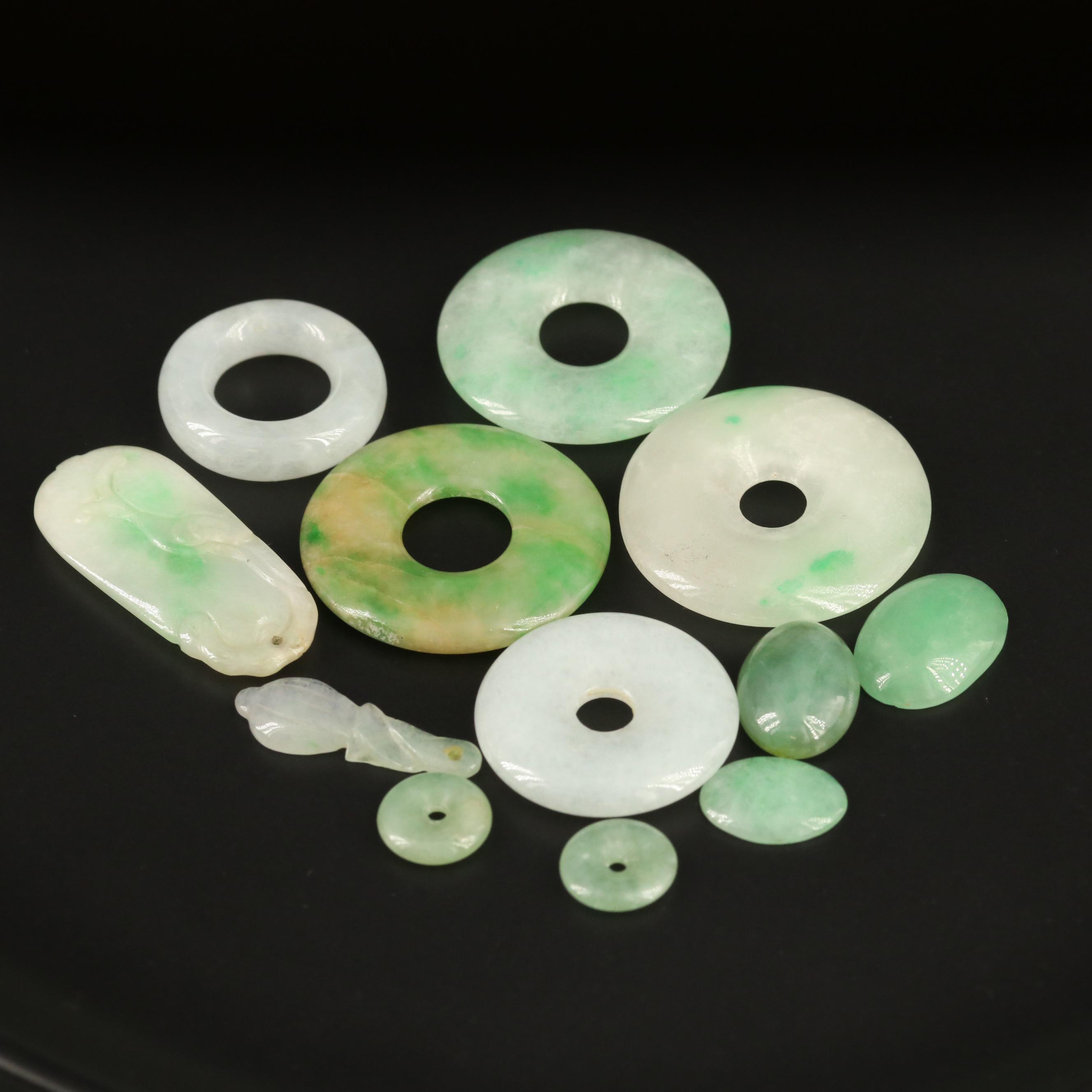 Loose Carved Hololith, Bi-Disk and Oval Jadeite Cabochons