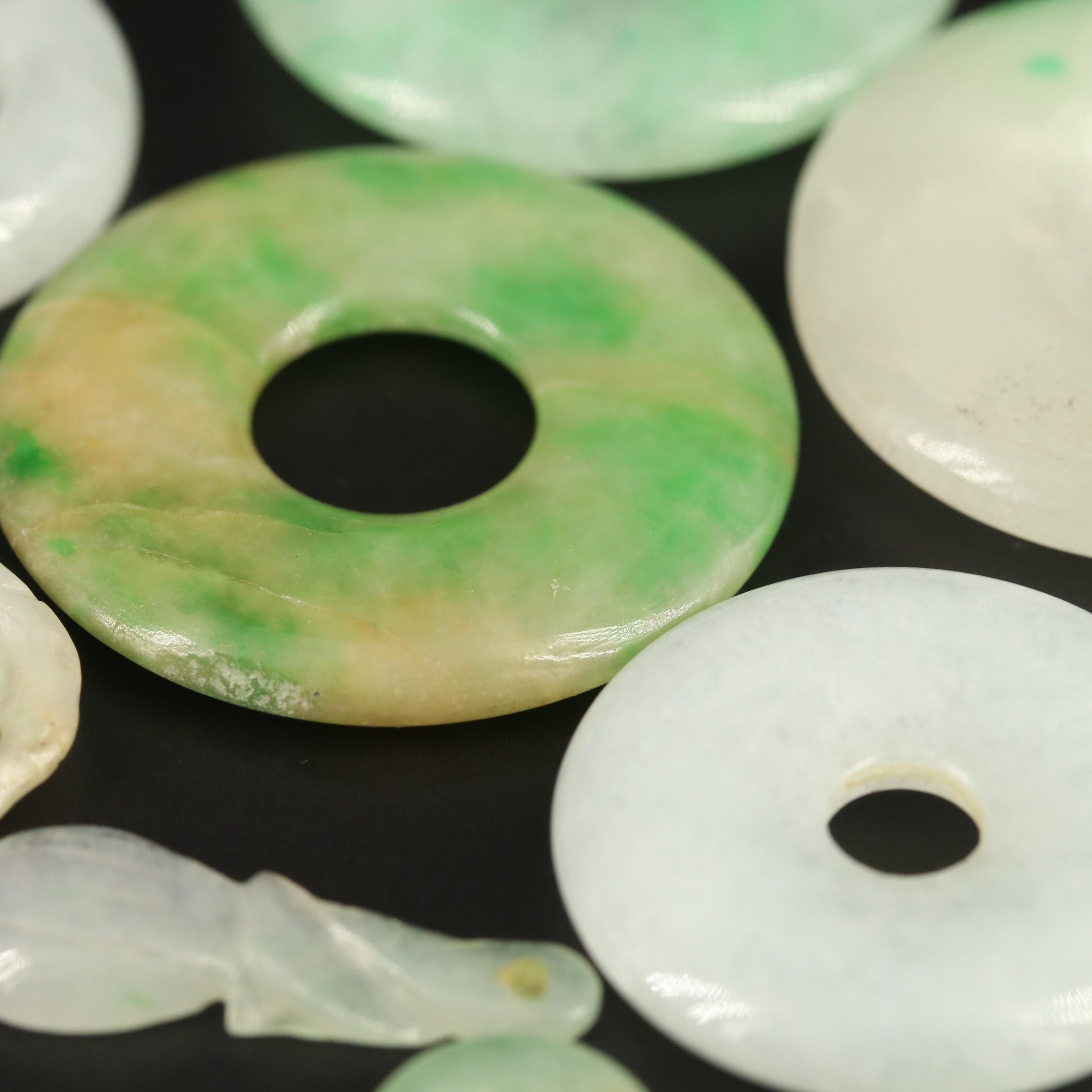 Loose Carved Hololith, Bi-Disk and Oval Jadeite Cabochons