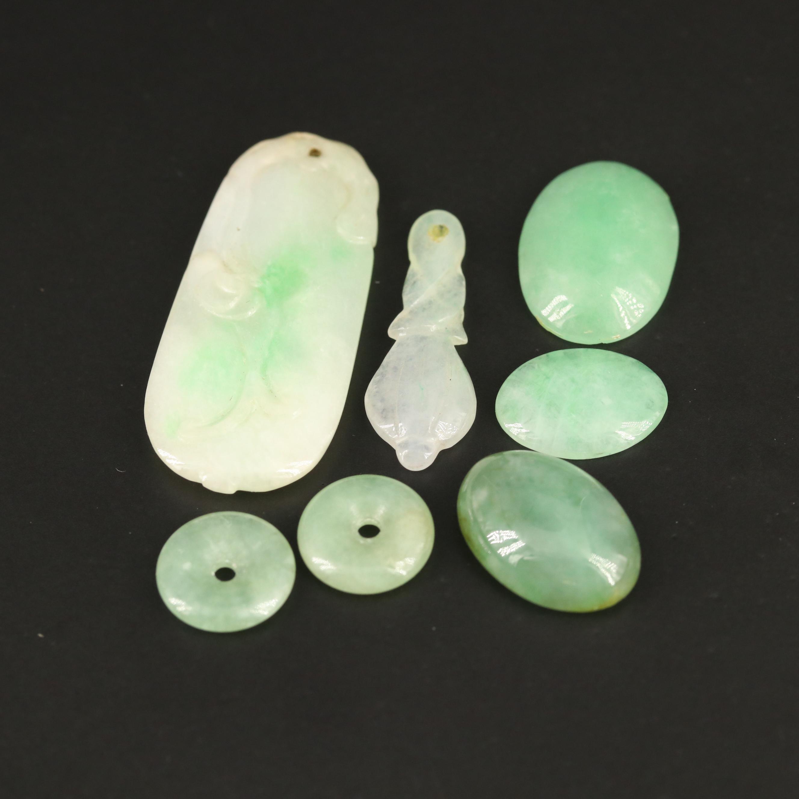 Loose Carved Hololith, Bi-Disk and Oval Jadeite Cabochons
