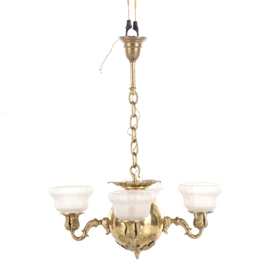 Victorian Style Brass Ball Chandelier and Frosted Glass Shades, Mid-20th Century