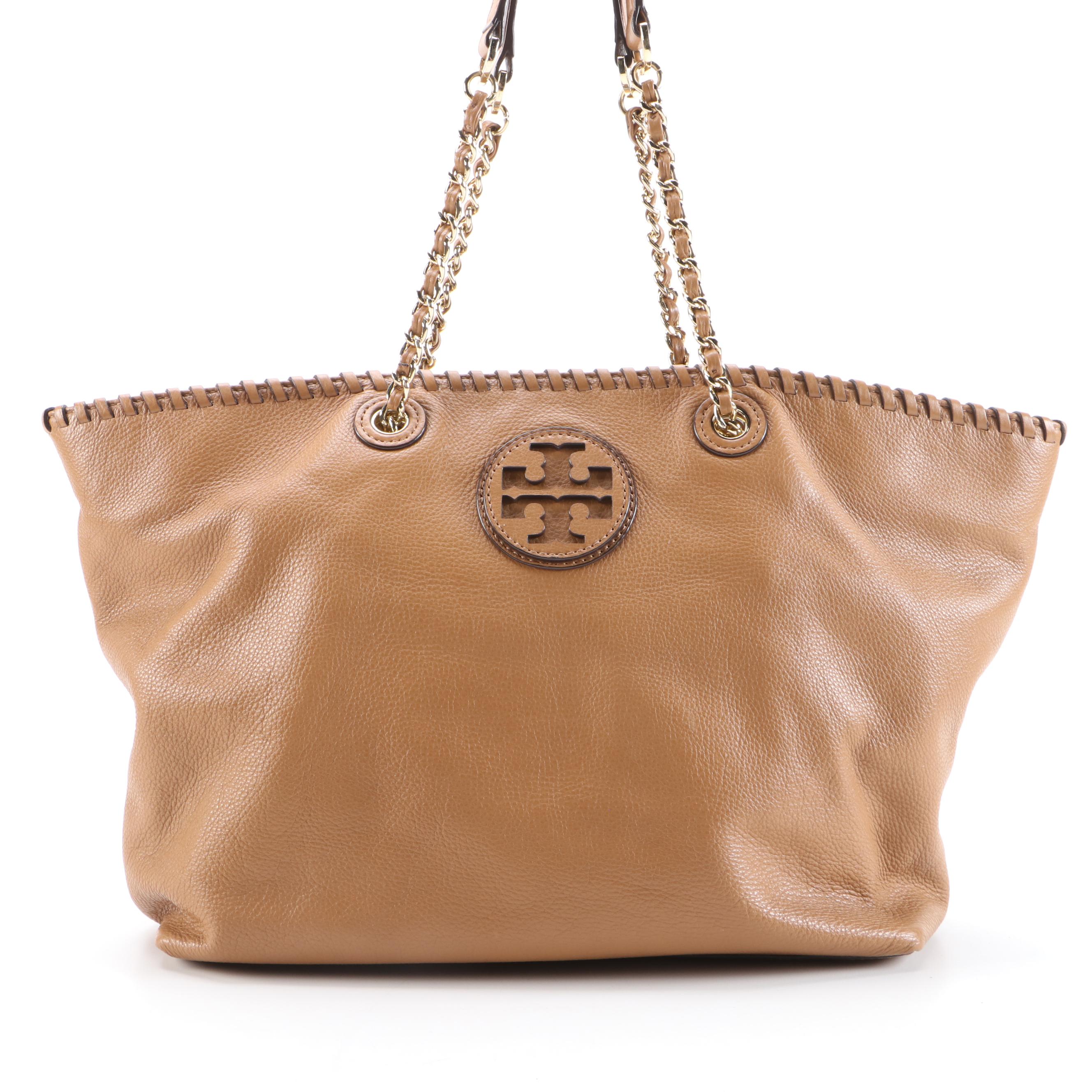 Tory Burch Whipstitch Logo Tote in Light Brown Grained Leather