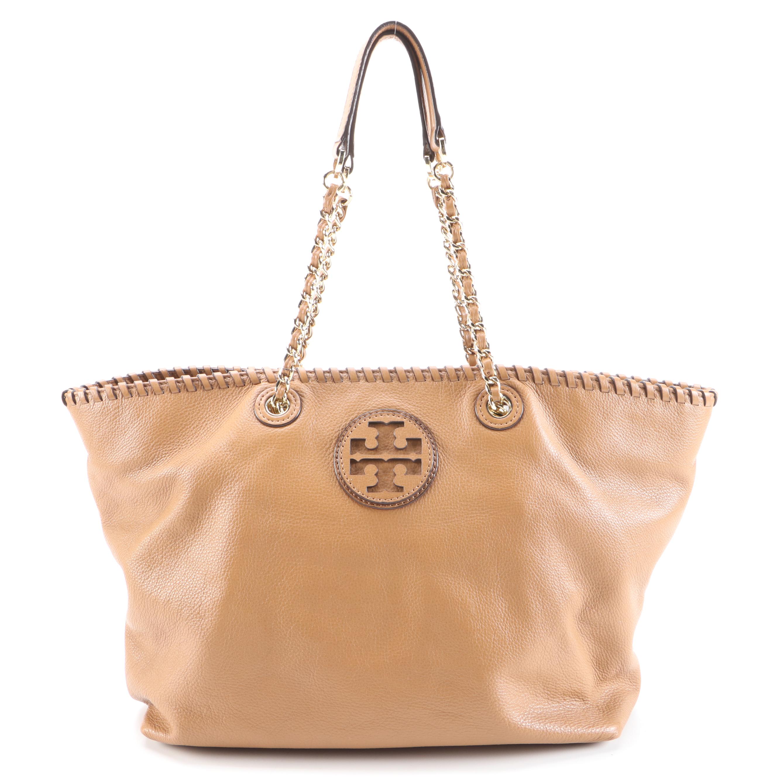 Tory Burch Whipstitch Logo Tote in Light Brown Grained Leather