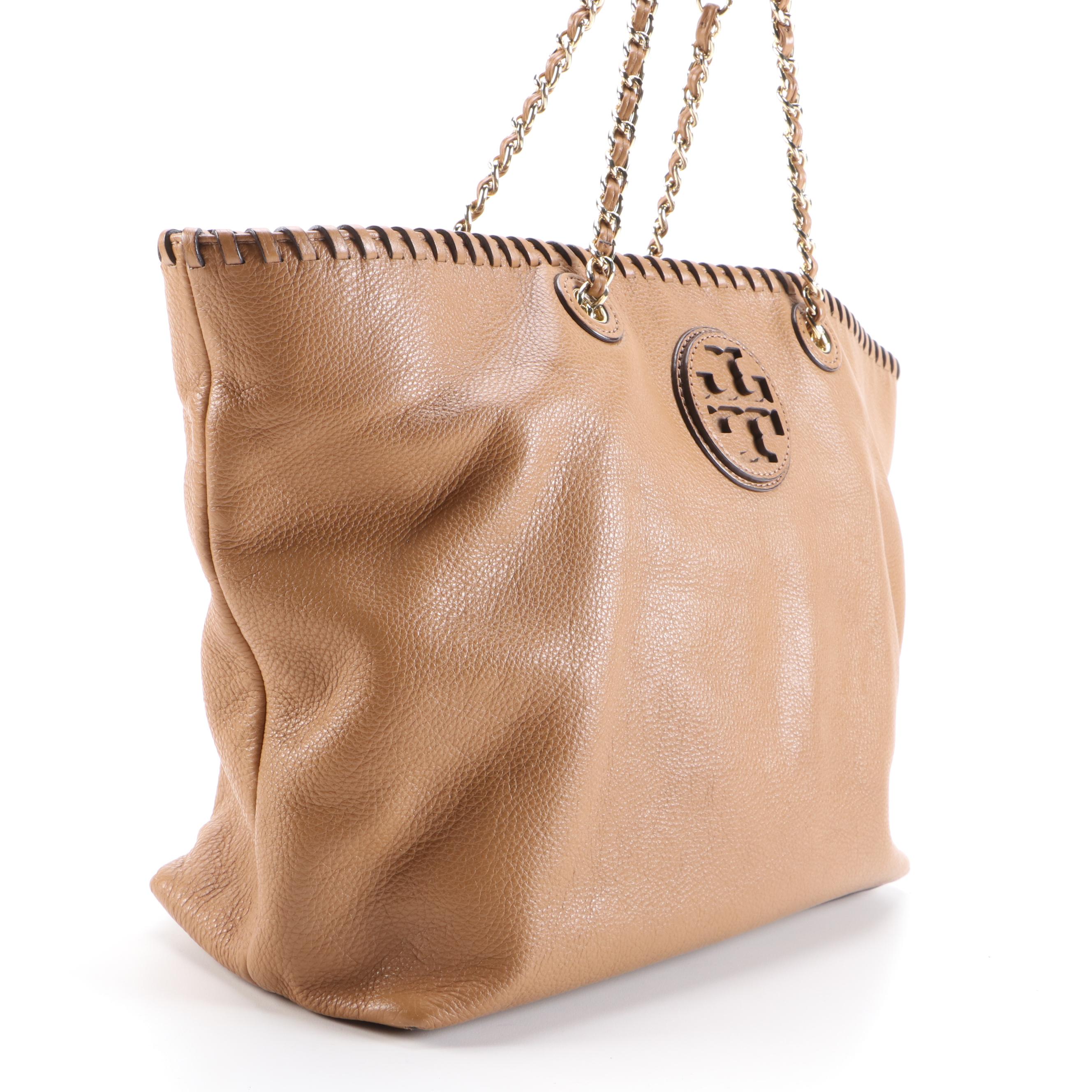 Tory Burch Whipstitch Logo Tote in Light Brown Grained Leather