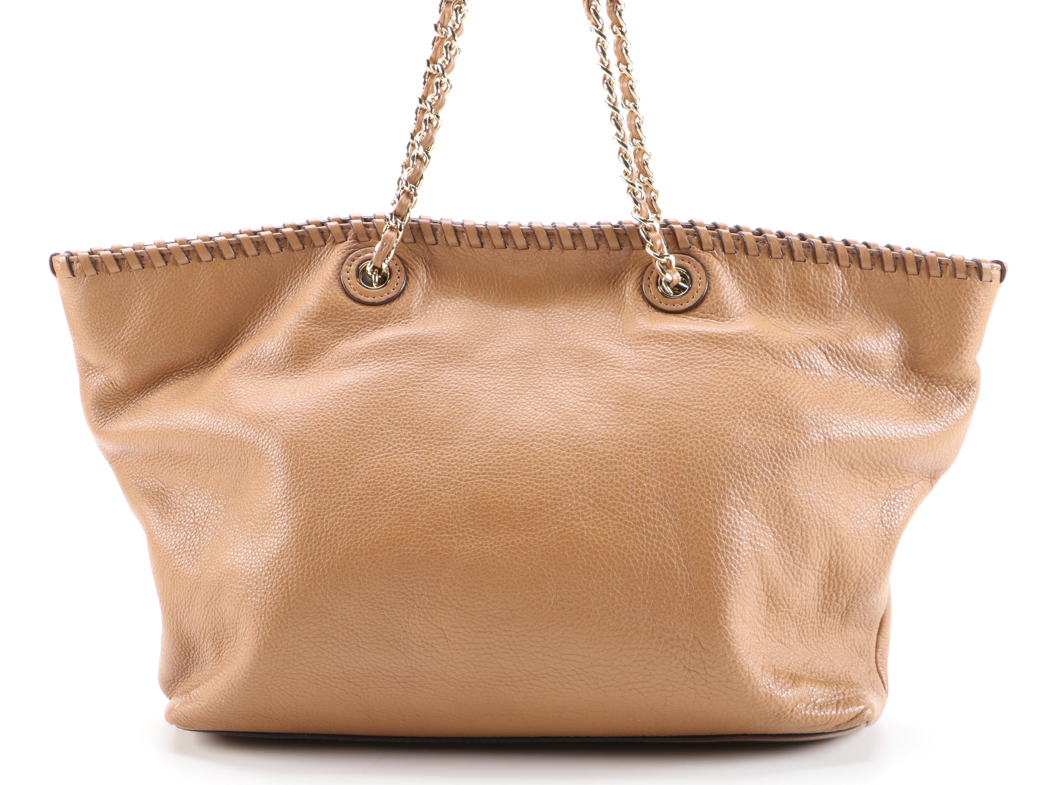 Tory Burch Whipstitch Logo Tote in Light Brown Grained Leather
