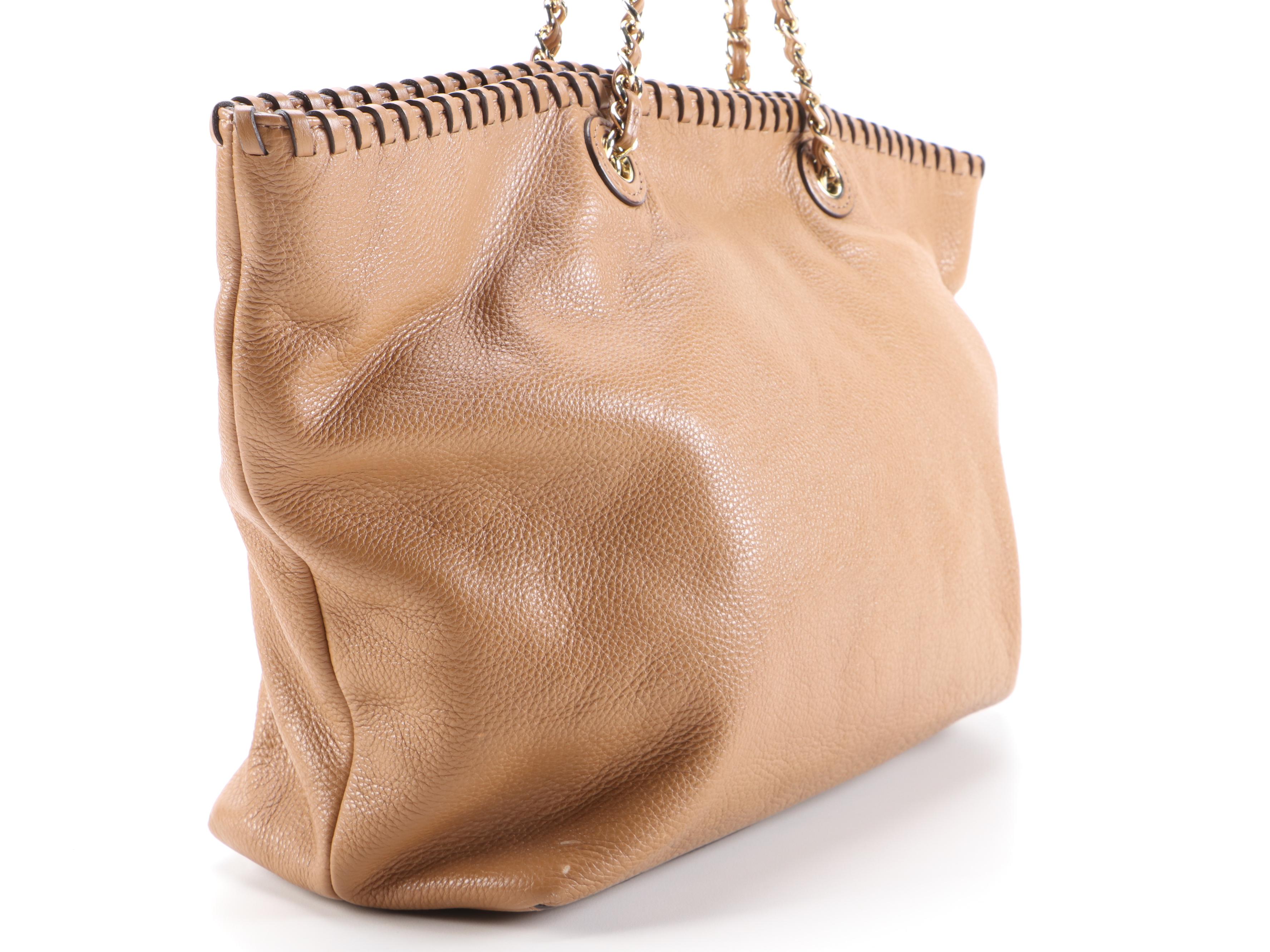 Tory Burch Whipstitch Logo Tote in Light Brown Grained Leather