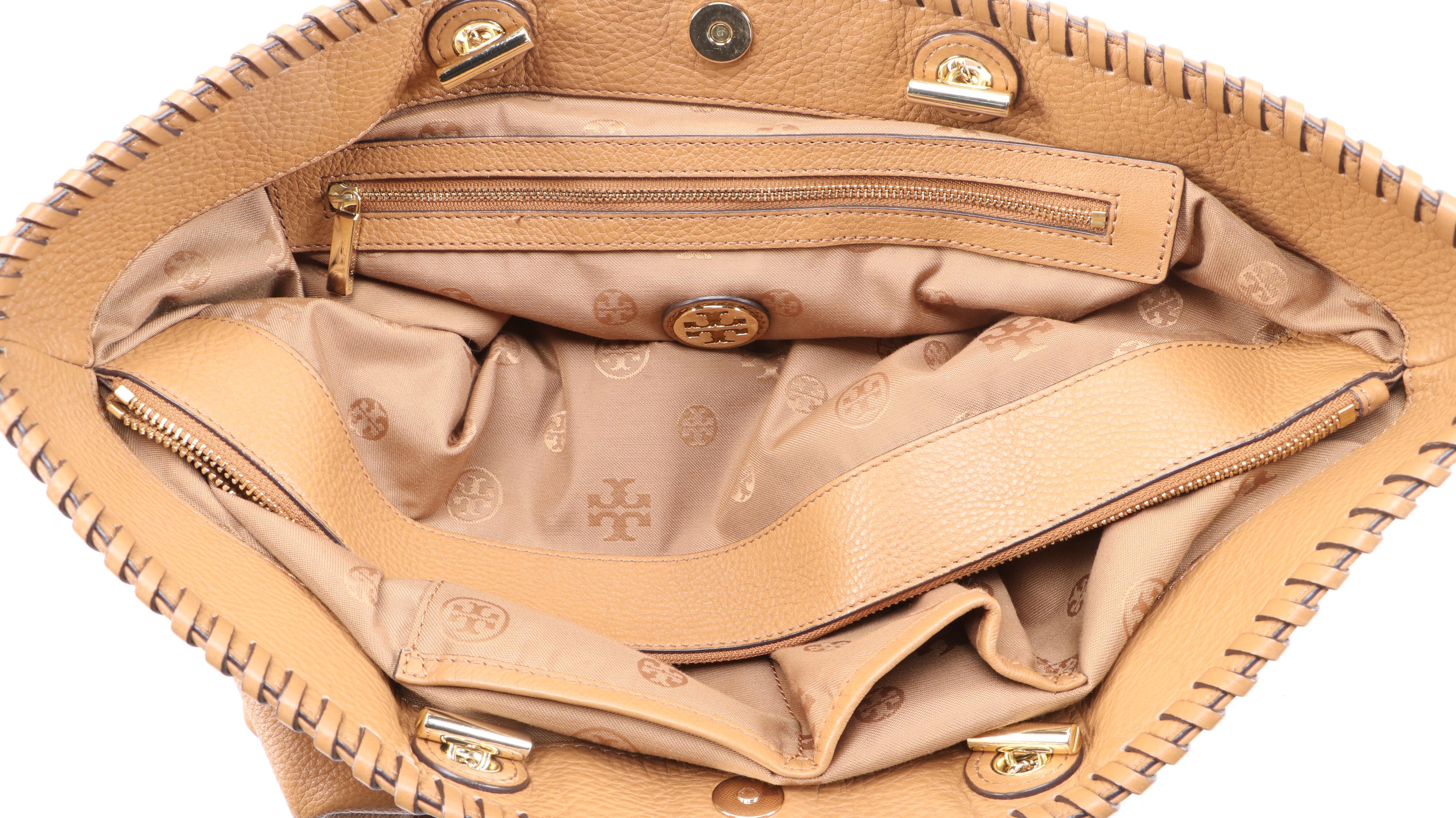 Tory Burch Whipstitch Logo Tote in Light Brown Grained Leather