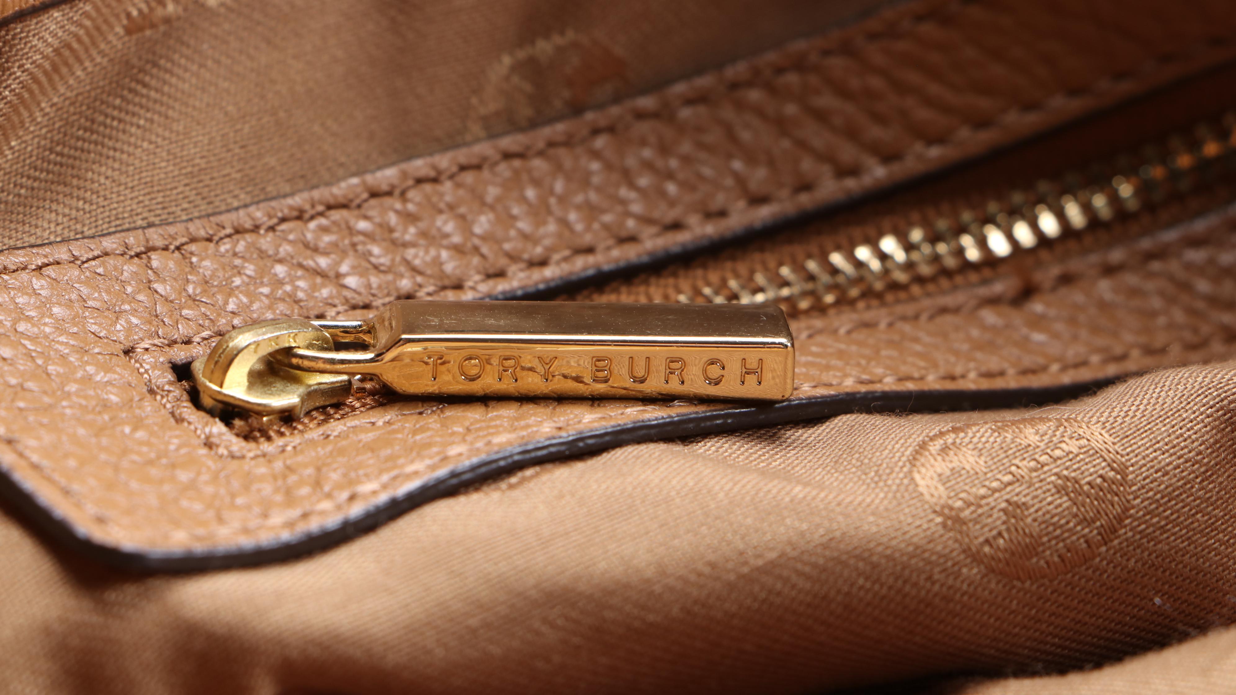 Tory Burch Whipstitch Logo Tote in Light Brown Grained Leather