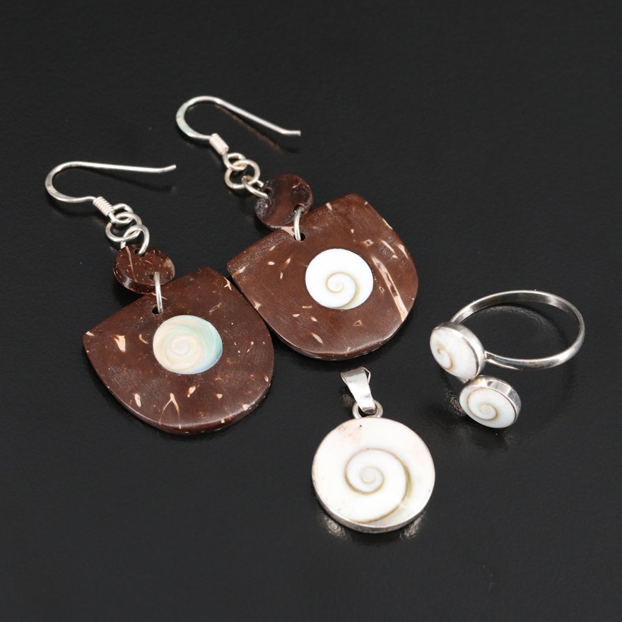 Sterling Silver Earrings, Pendant and Ring Featuring Shell and Nut