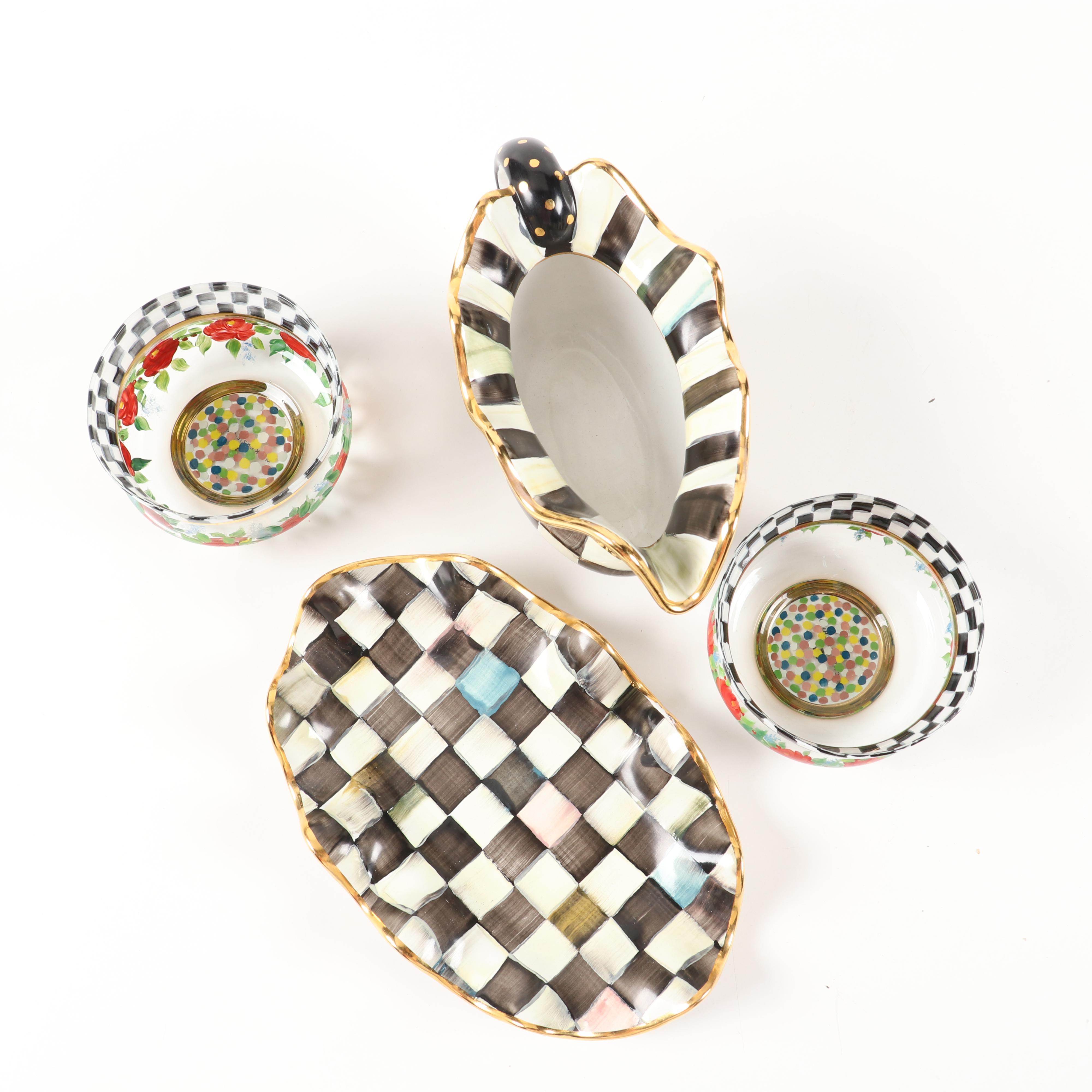 MacKenzie-Childs "Courtly Check" Gravy Boat with "Circus" Rose Bowls