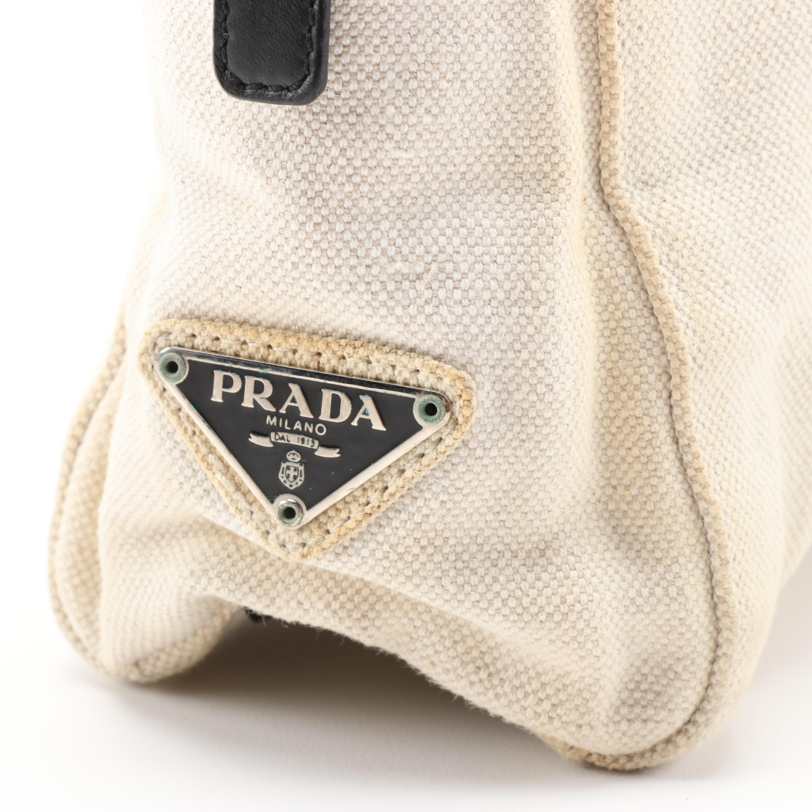 Prada Woven Cream Canvas Tote with Black Trim