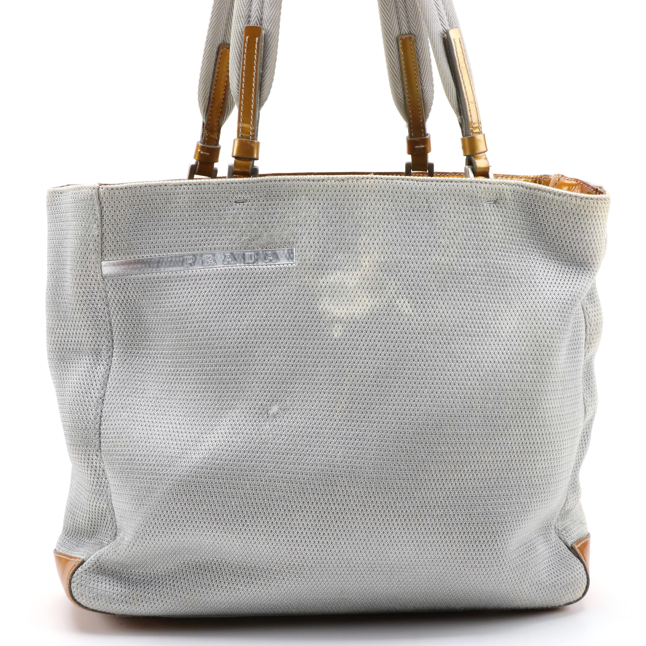 Prada Sport Neoprene Silver Mesh Tote with Bronze Patent Leather