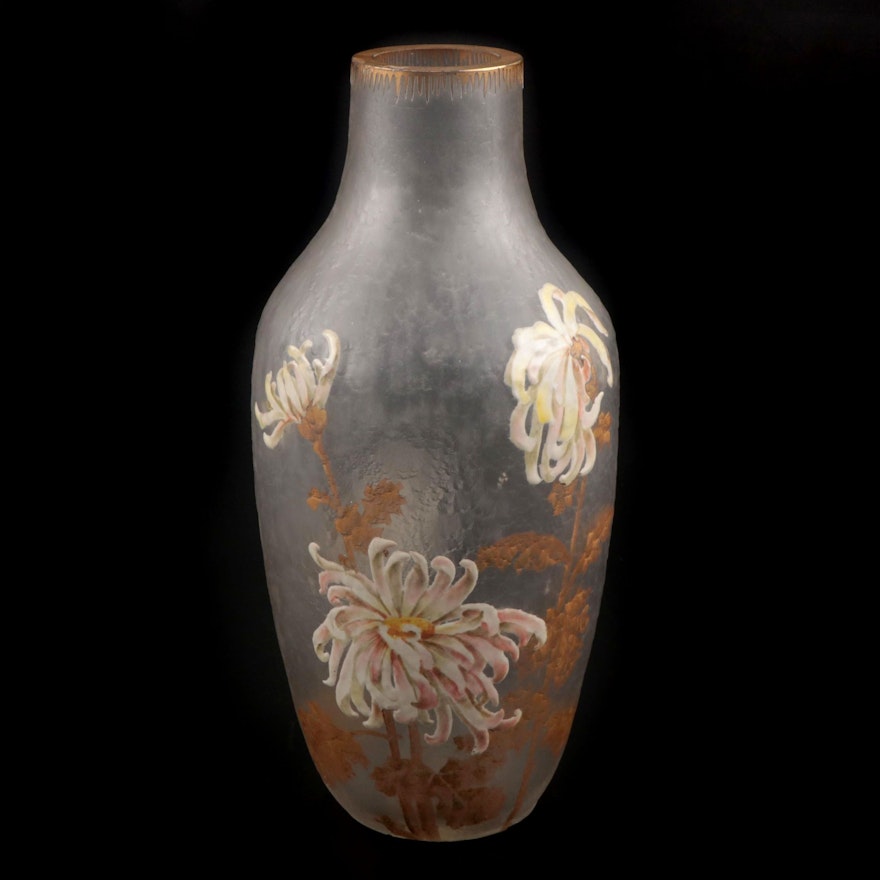 French Art Nouveau Enameled Frosted Glass Vase, Early 20th Century