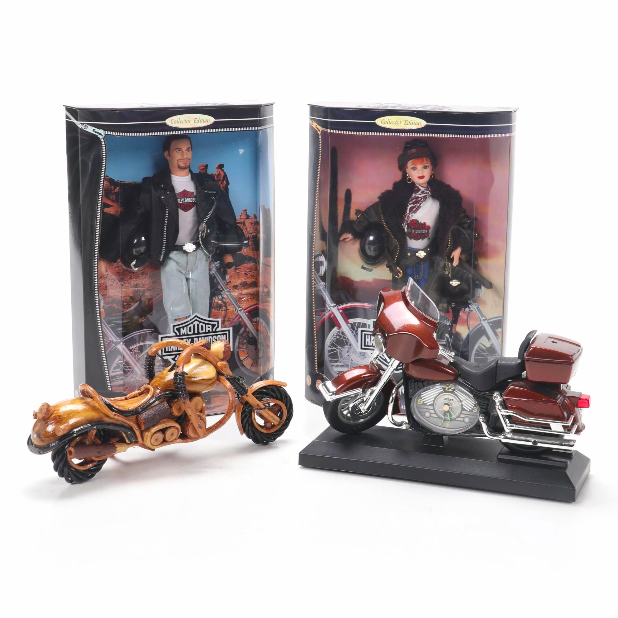 Harley-Davidson Barbie and Ken Dolls with Motorcycle Clock and Figurine