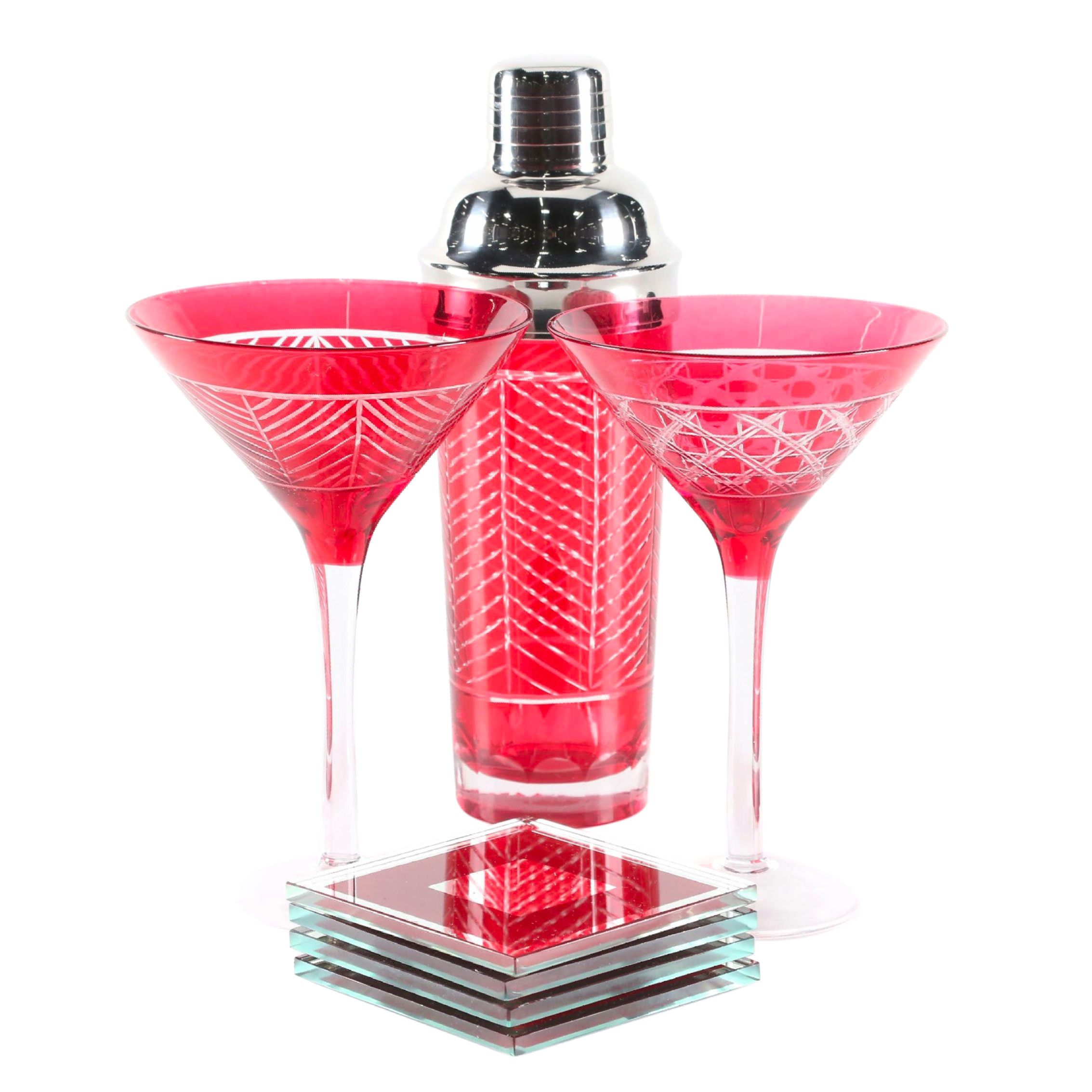 Red Cut to Clear Martini Glasses and Cocktail Shaker with Mirrored Coasters