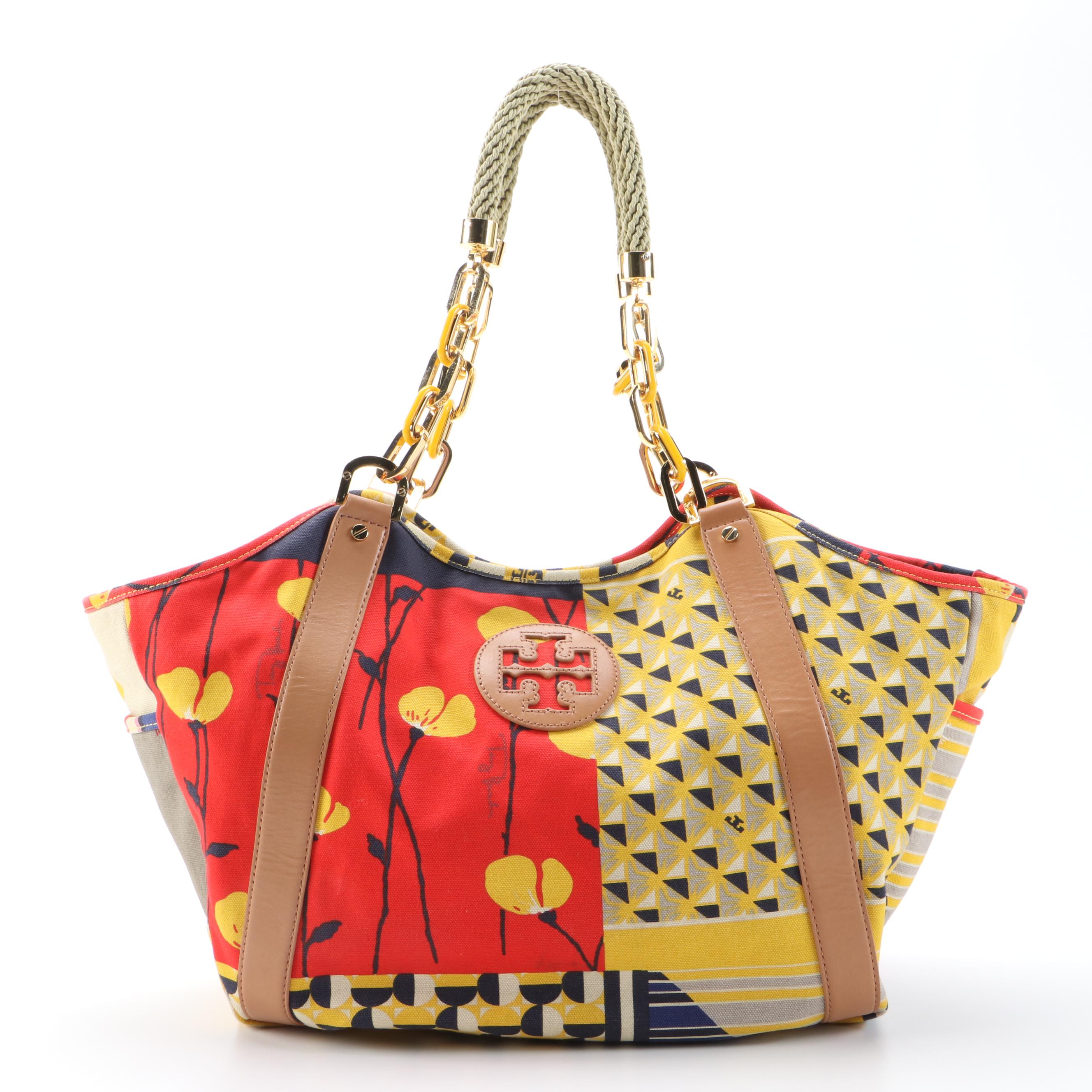 Tory Burch Channing Printed Canvas Tote with Light Brown Leather Trim