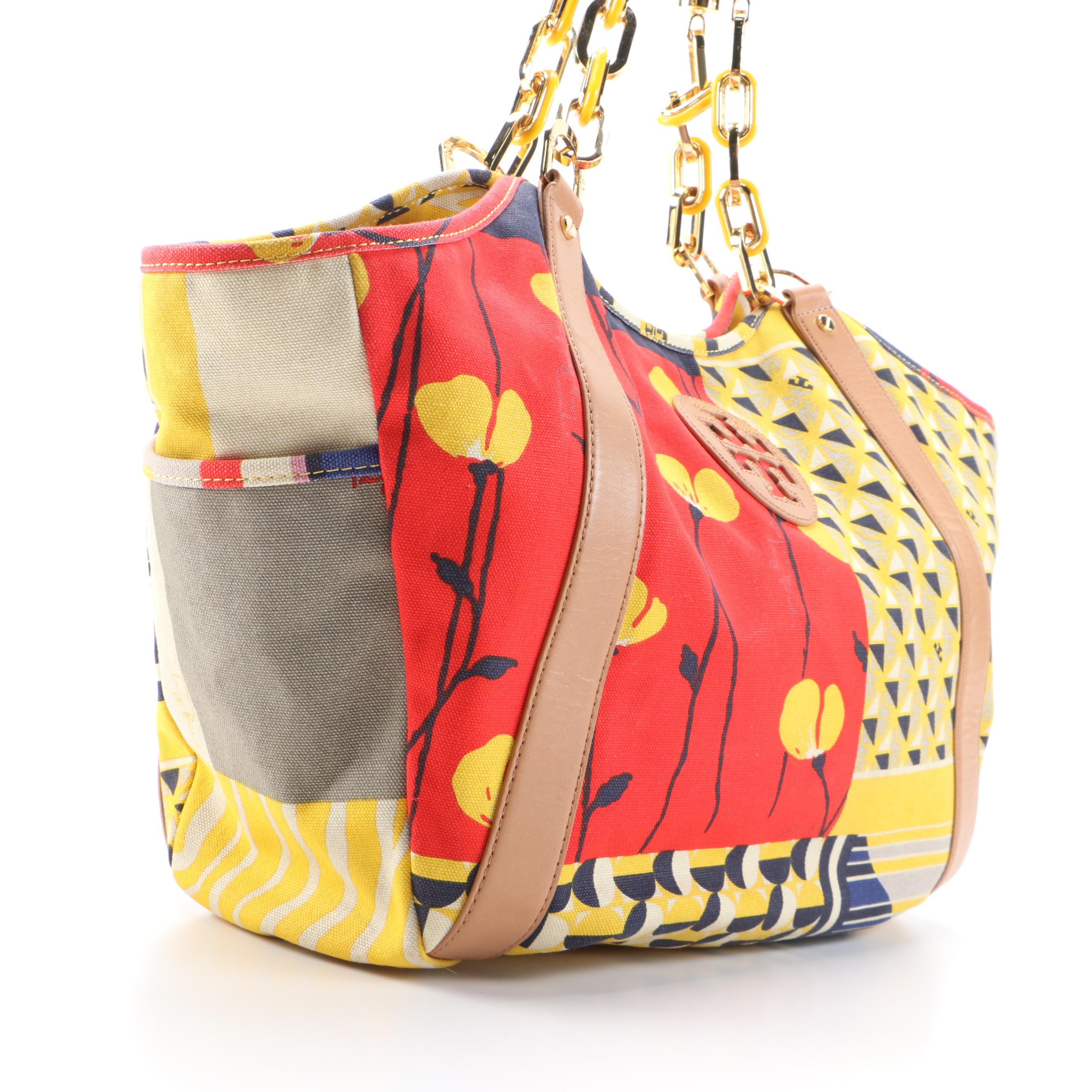 Tory Burch Channing Printed Canvas Tote with Light Brown Leather Trim