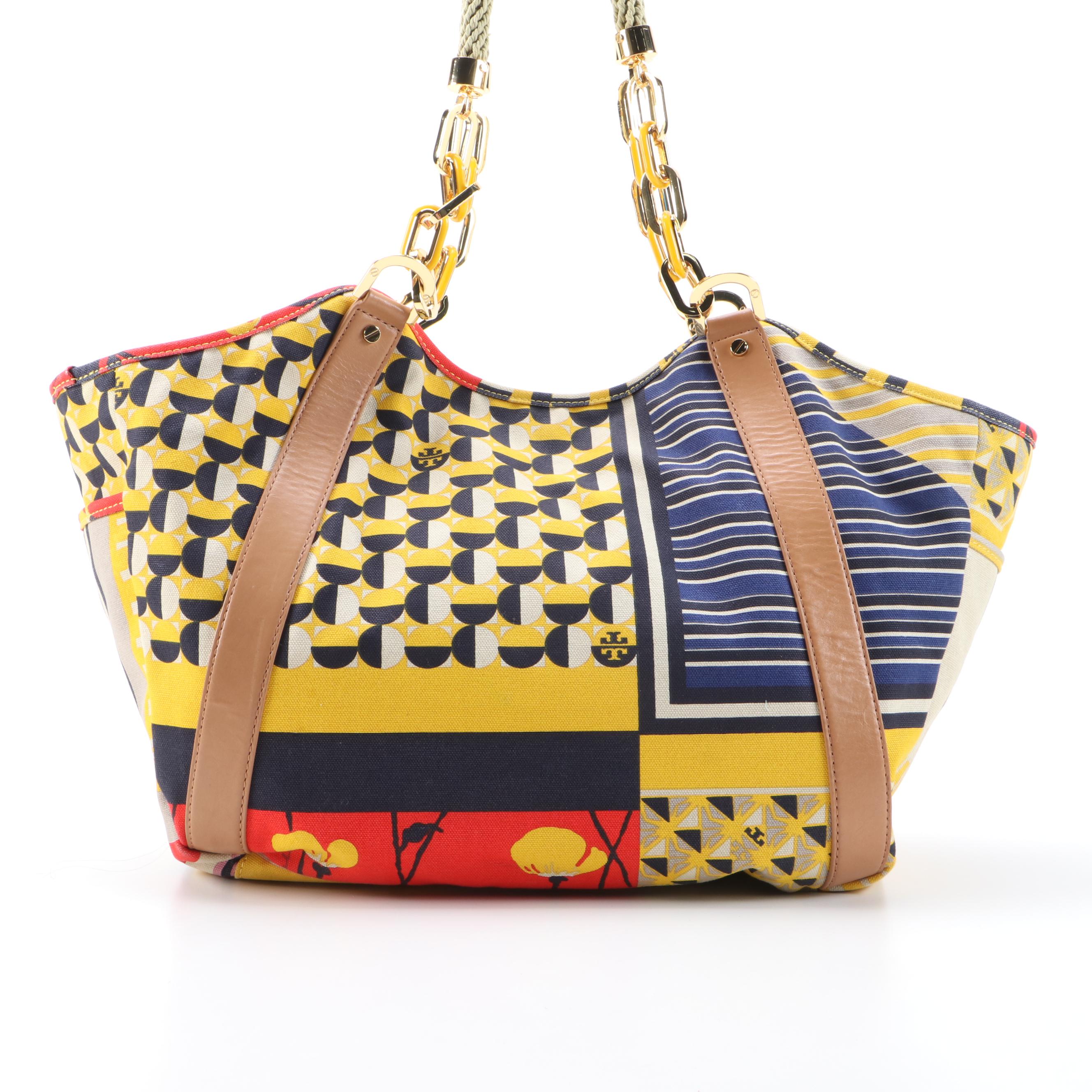 Tory Burch Channing Printed Canvas Tote with Light Brown Leather Trim