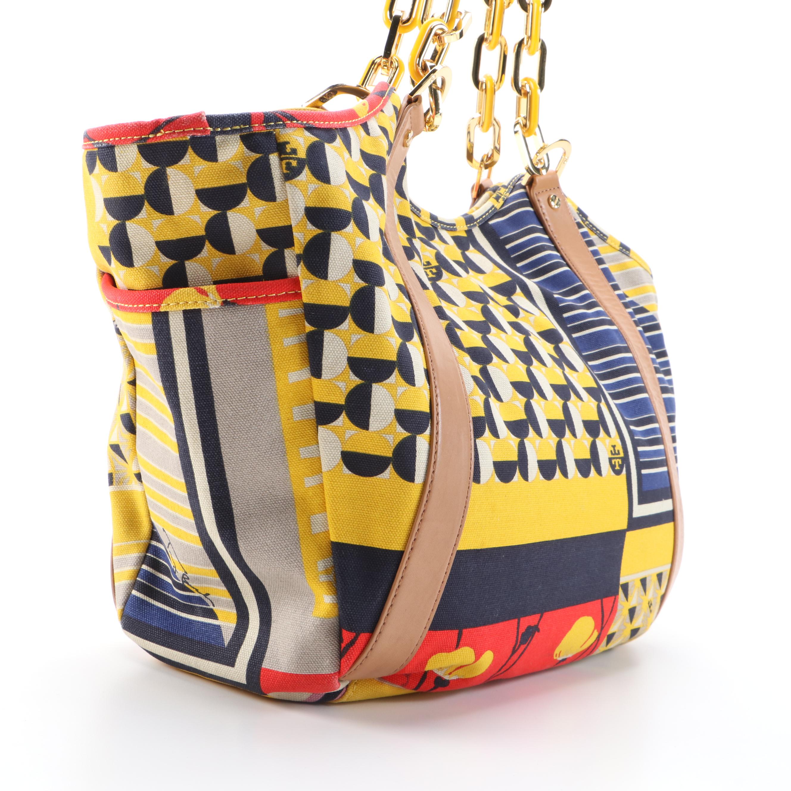 Tory Burch Channing Printed Canvas Tote with Light Brown Leather Trim