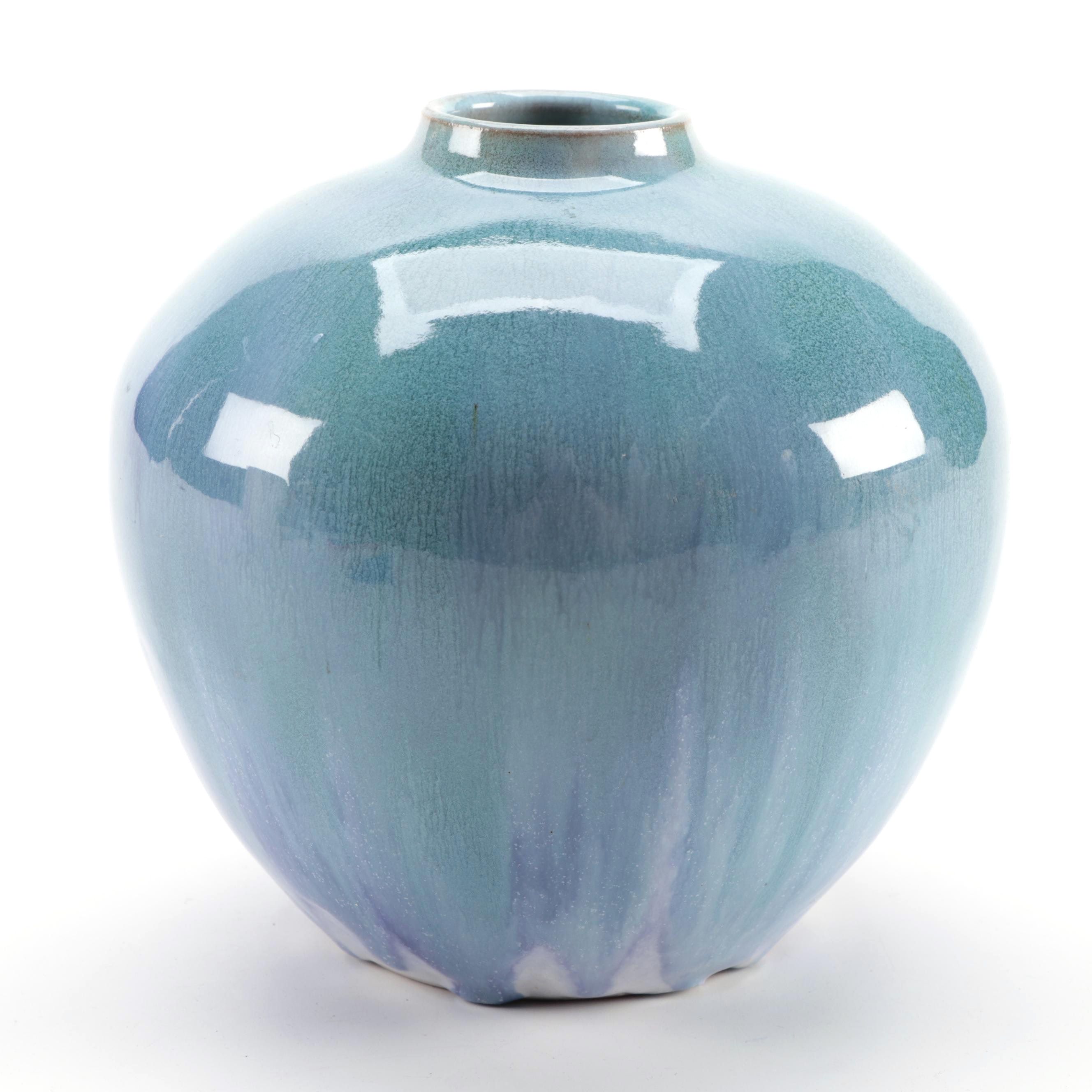 Samuel Saunders Isle of Wight Pottery Blue Drip Glaze Vase, Early to Mid 20th C.