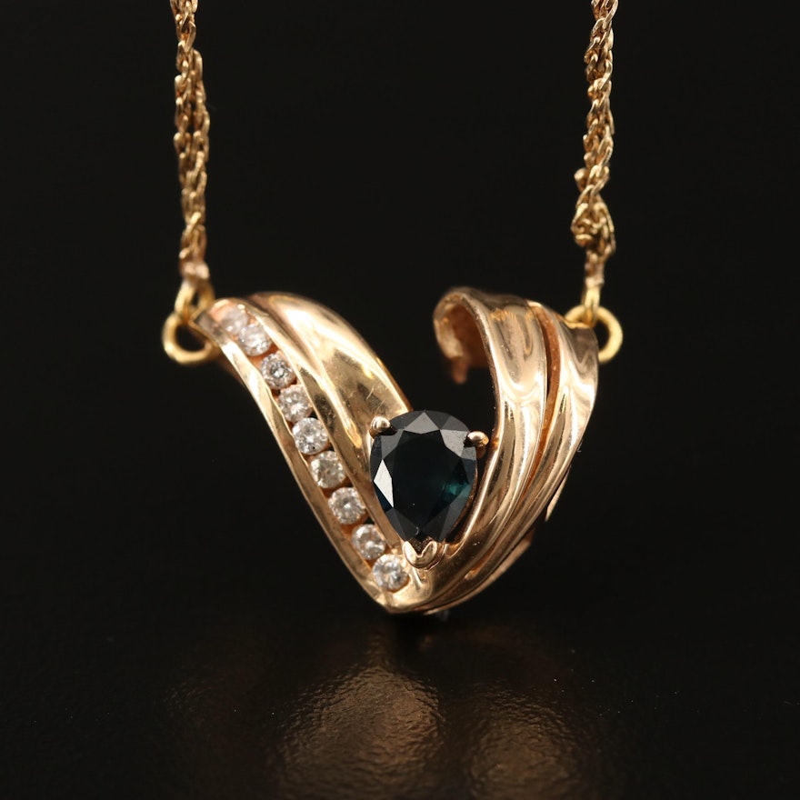 14K Sapphire and Diamond Stationary Pendant Necklace