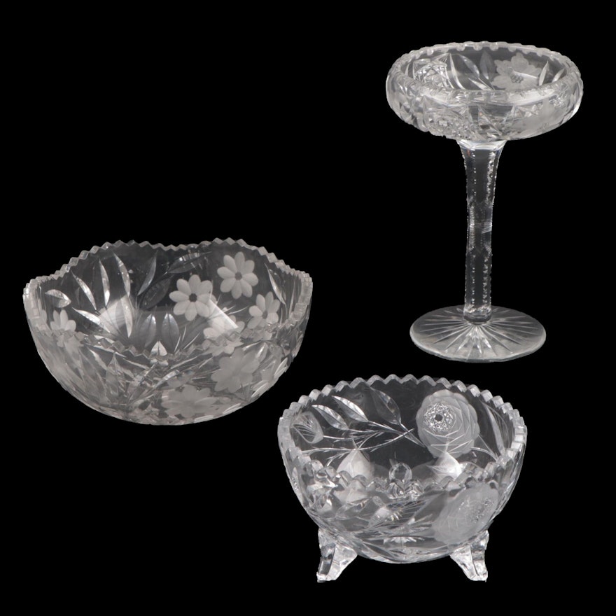 American Brilliant Cut Glass and Etched Crystal Sawtooth Edged Bowls and Compote