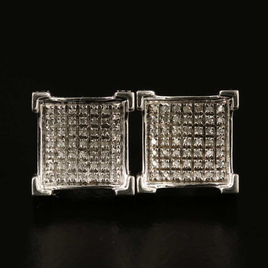 Sterling Diamond Concave Button Earrings