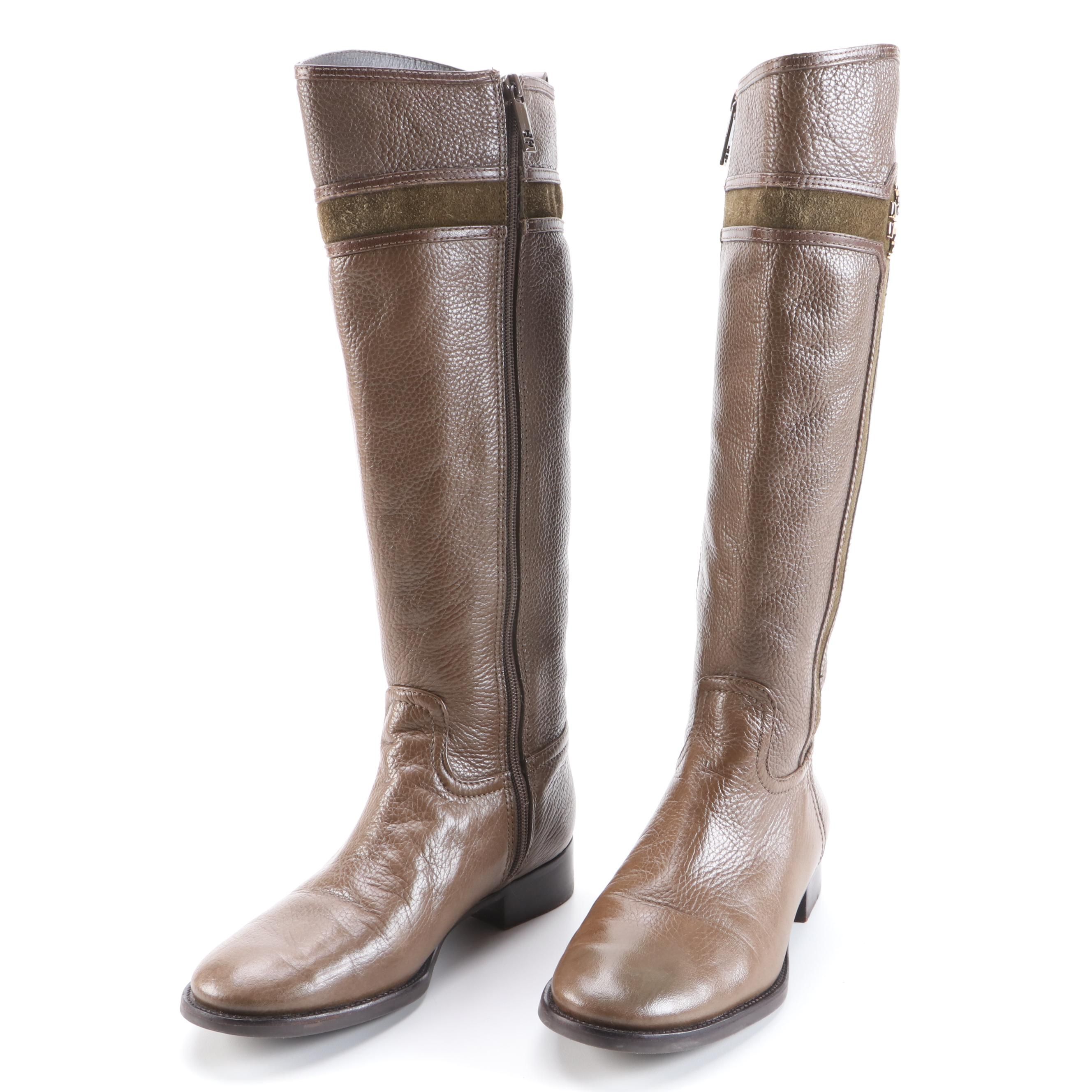 Tory Burch Brown Grained Leather and Suede Boots